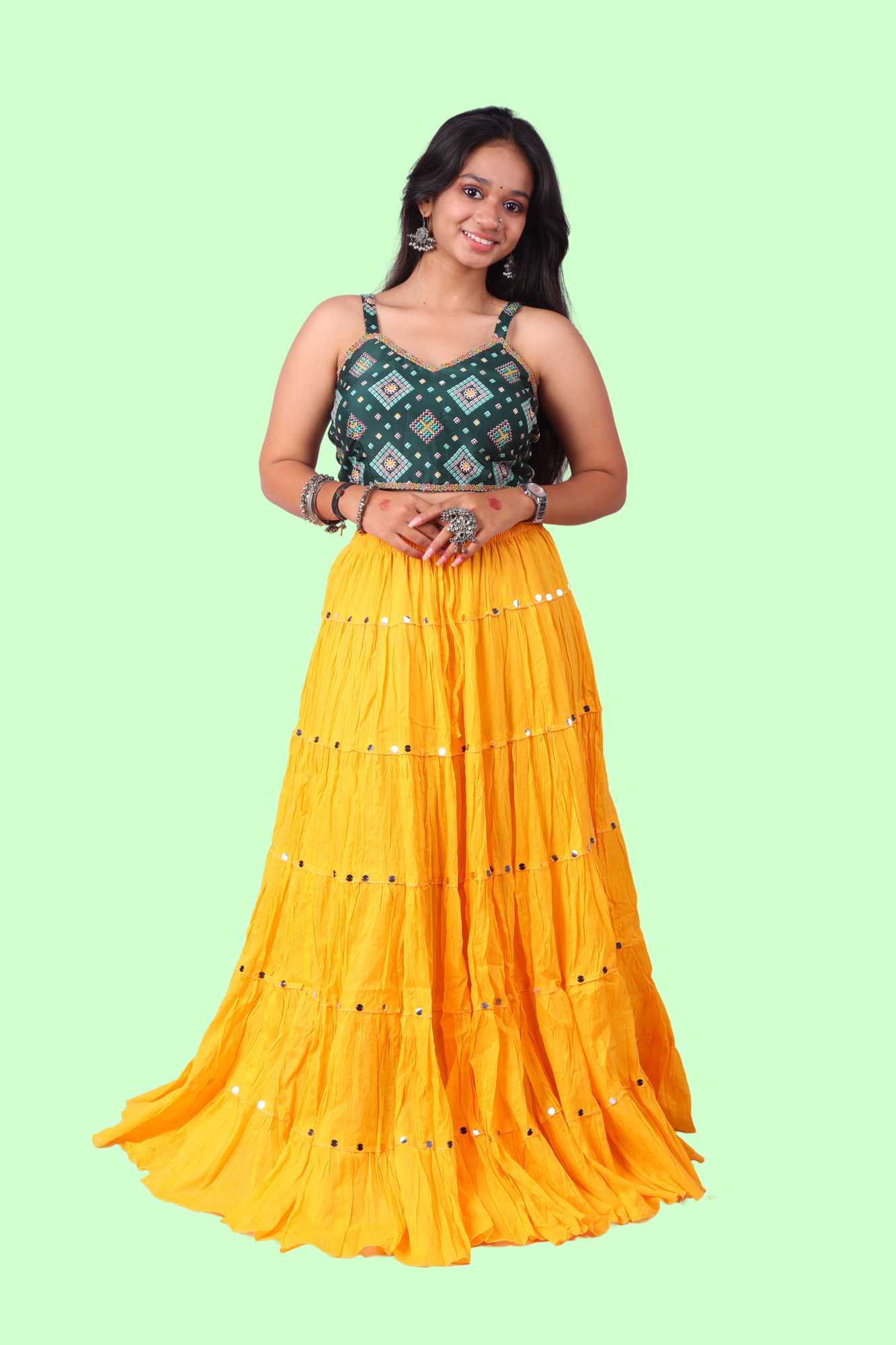 Yellow Cotton Solid Silver Sequin 10mtr-1033 Skirt