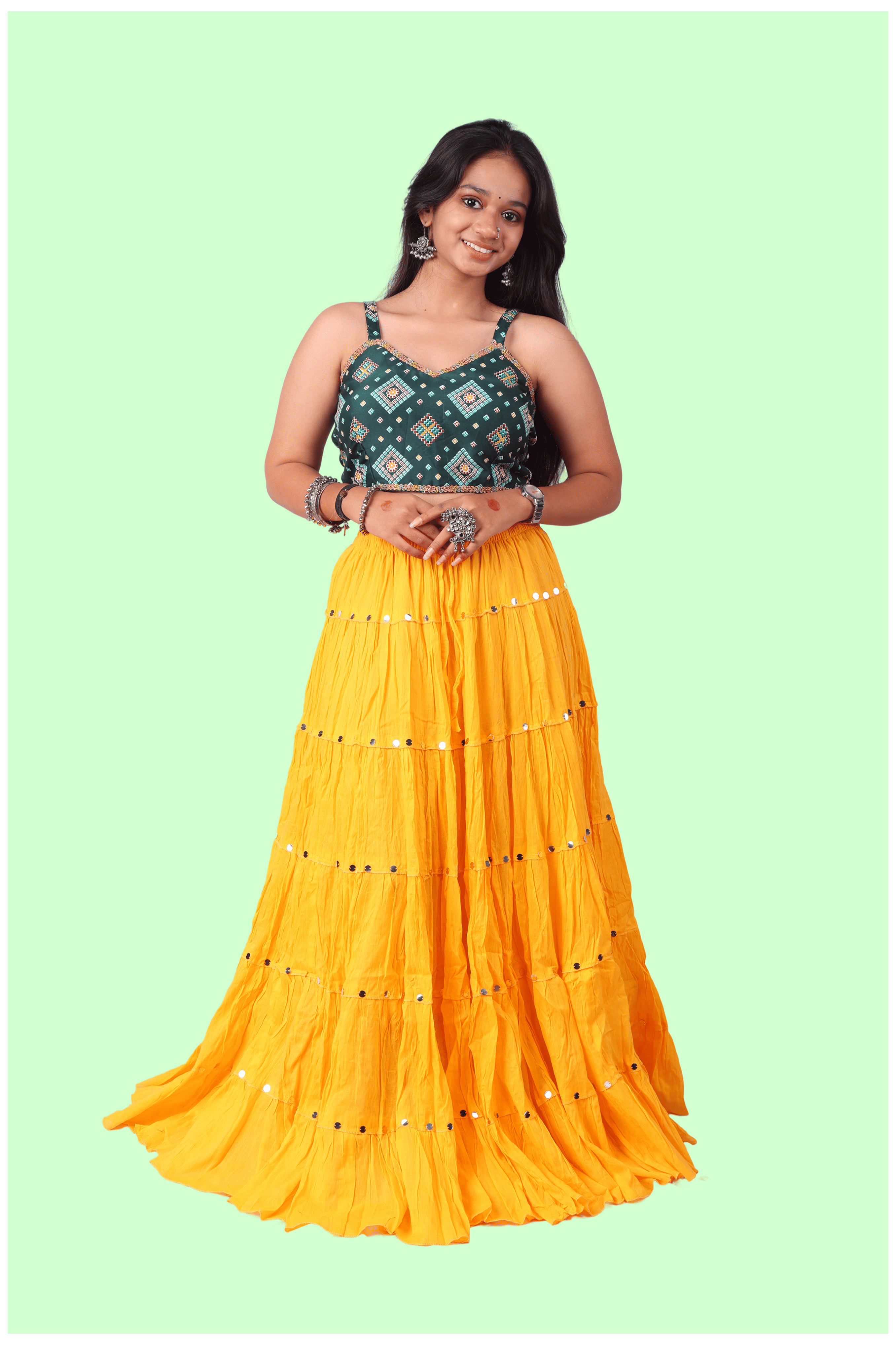 Yellow Cotton Solid Silver Sequin 10mtr-1033 Skirt