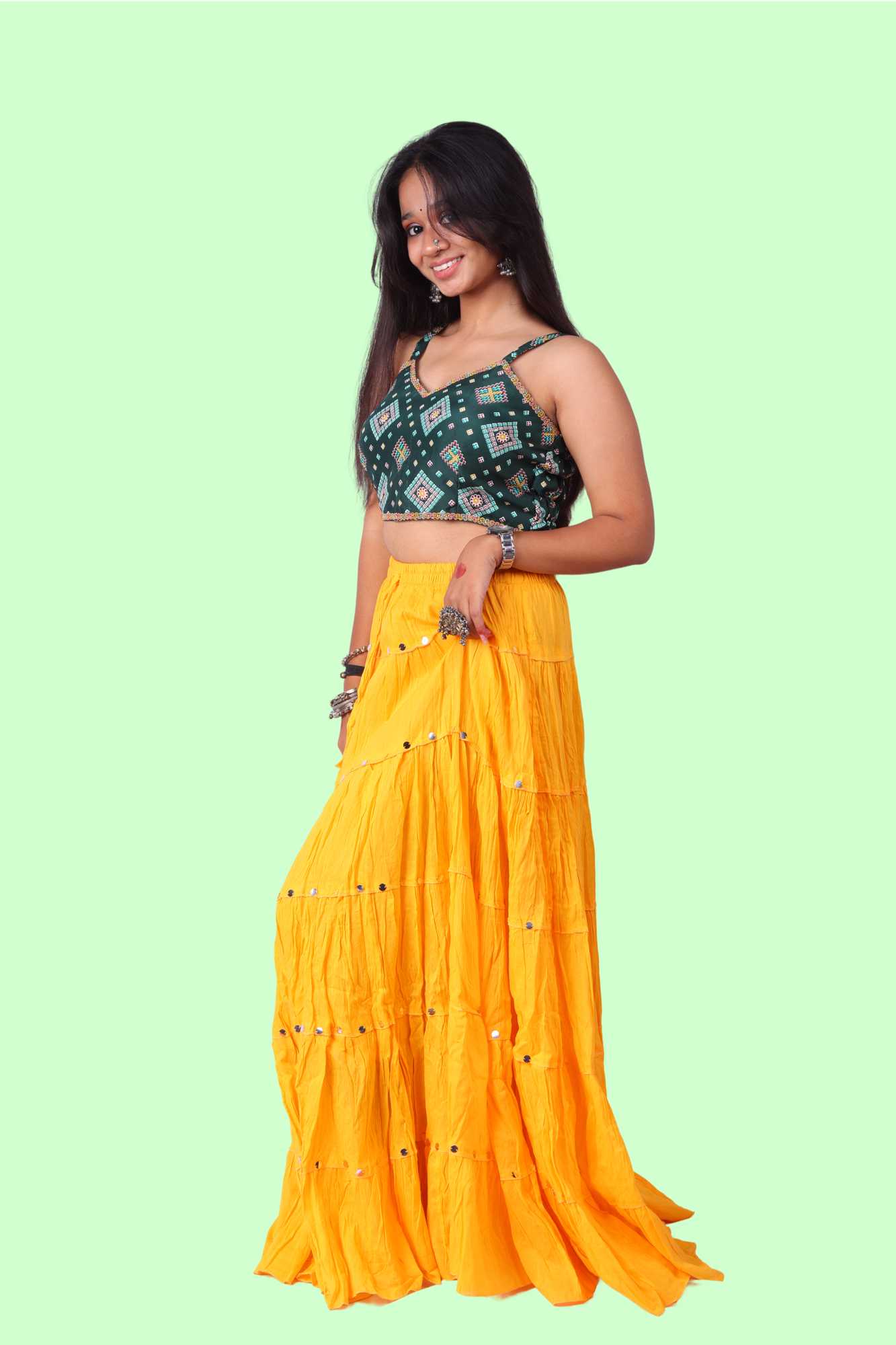 Yellow Cotton Solid Silver Sequin 10mtr-1033 Skirt
