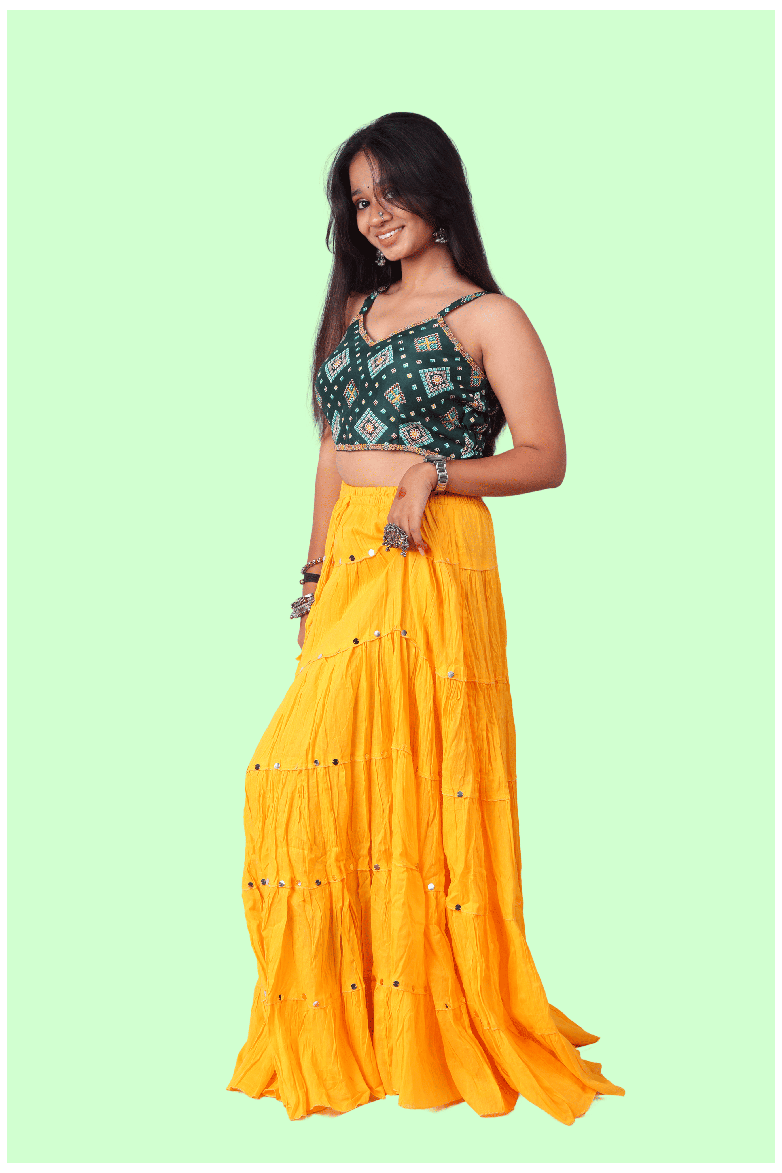 Yellow Cotton Solid Silver Sequin 10mtr-1033 Skirt