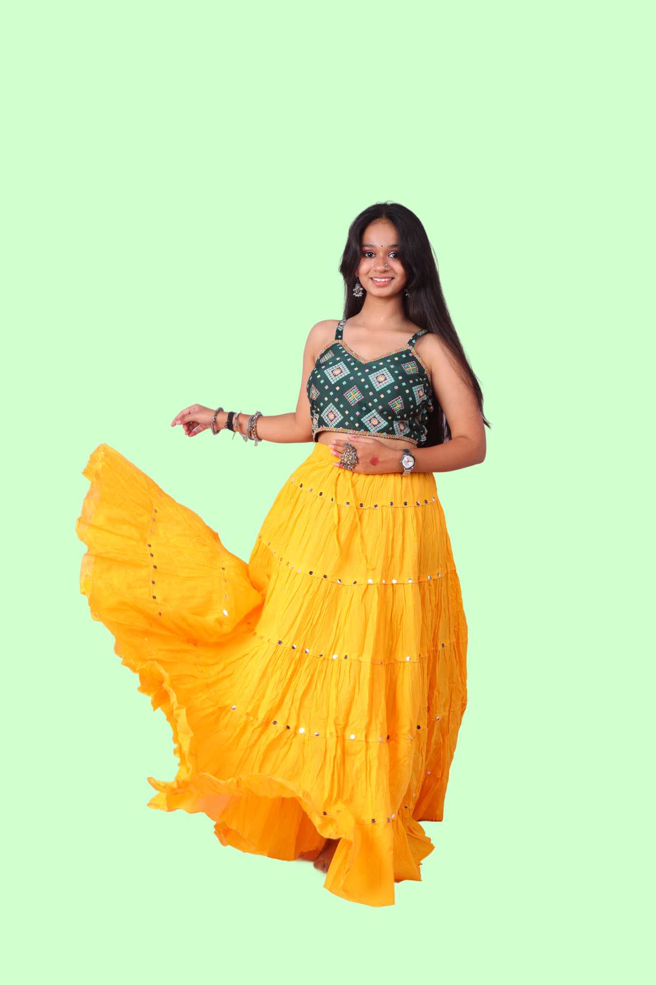 Yellow Cotton Solid Silver Sequin 10mtr-1033 Skirt