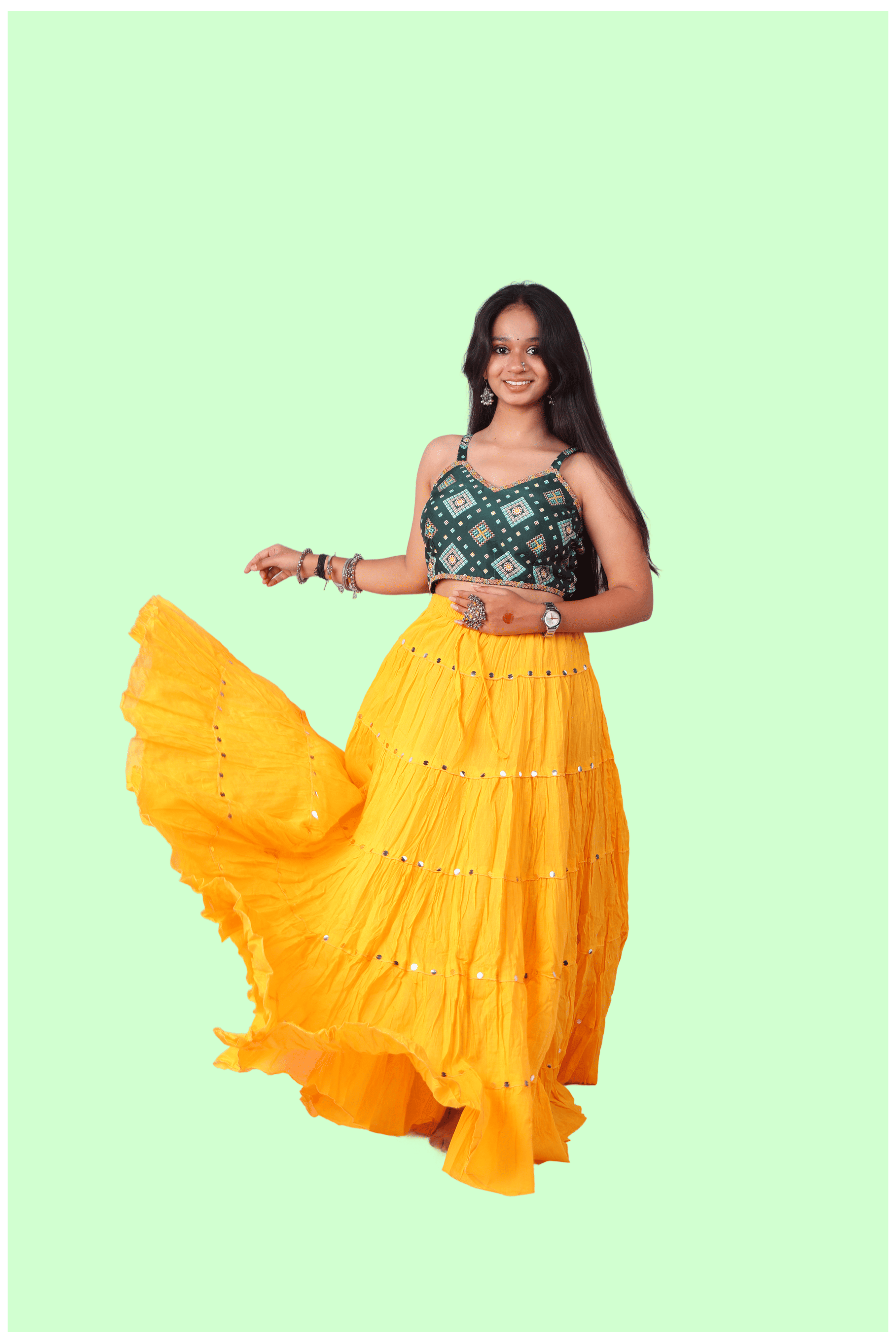 Yellow Cotton Solid Silver Sequin 10mtr-1033 Skirt