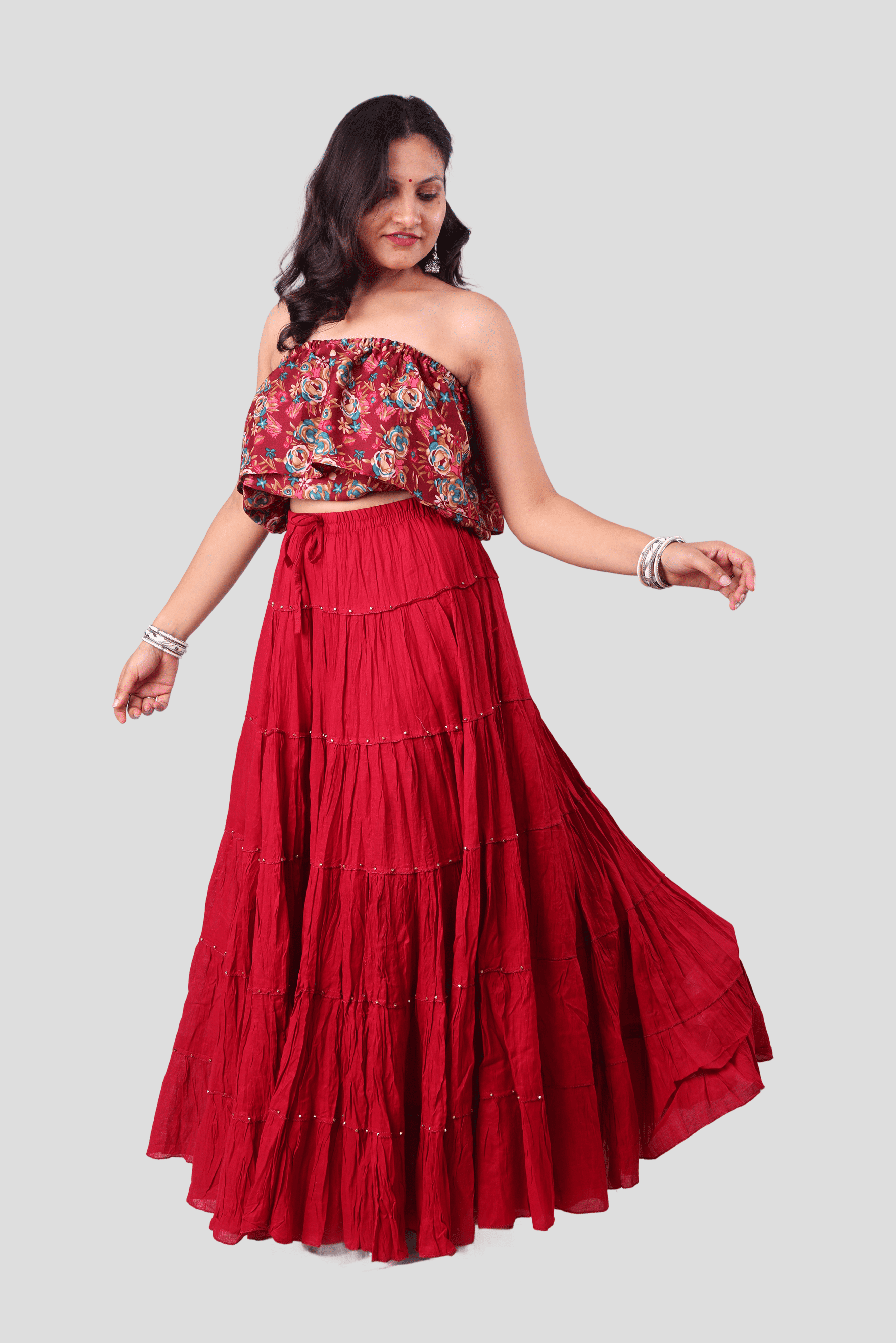 Maroon Cotton 1034 Gold Beads Skirt