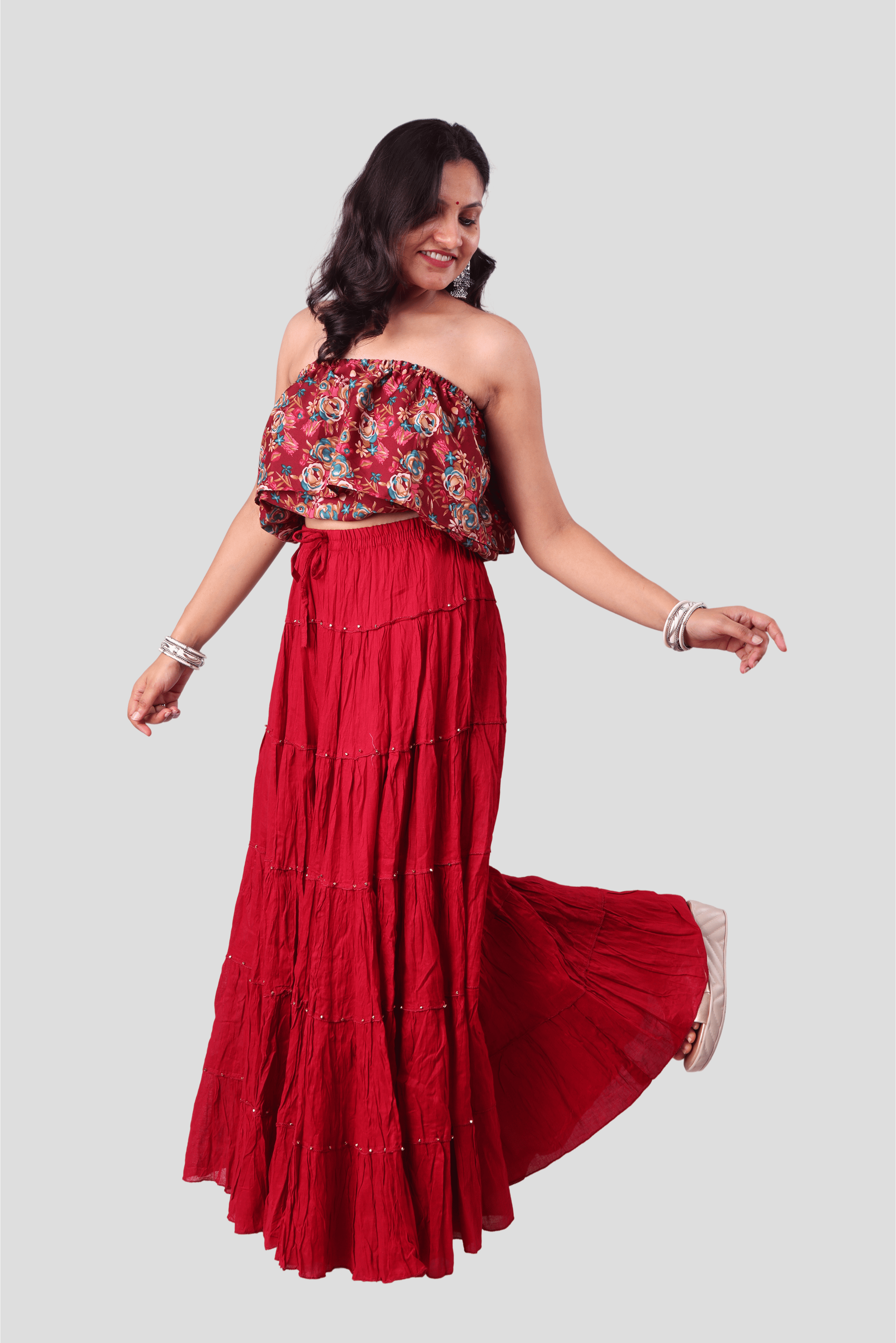 Maroon Cotton 1034 Gold Beads Skirt