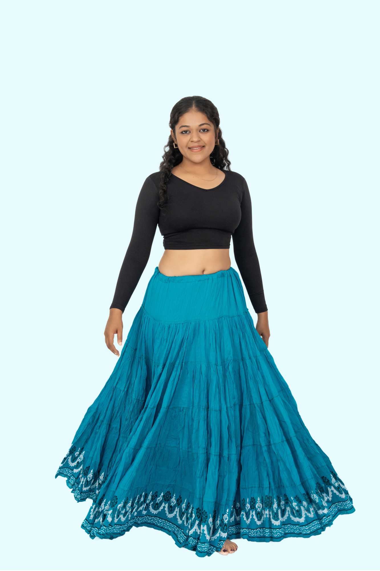 Turquoise Block Print 20Mtr Cotton Skirt