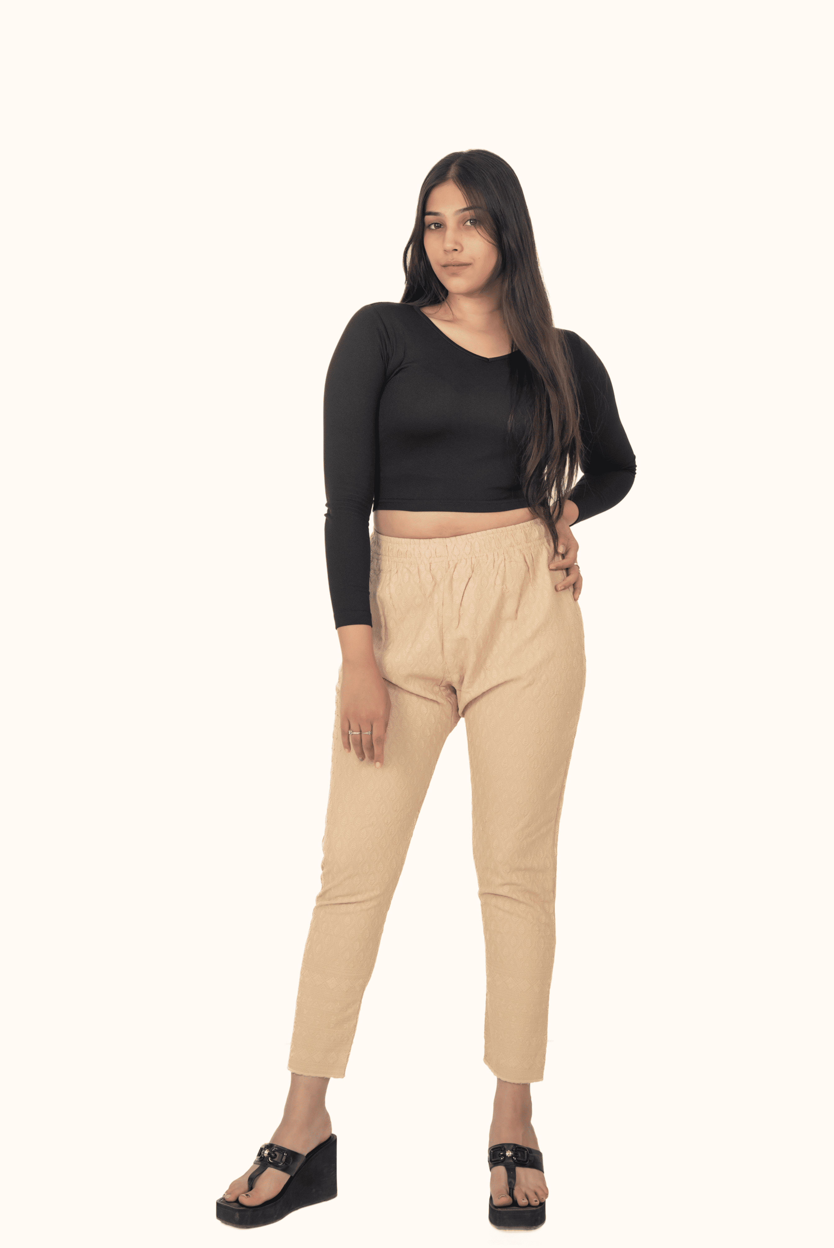Beige Rayon Chikan Pants