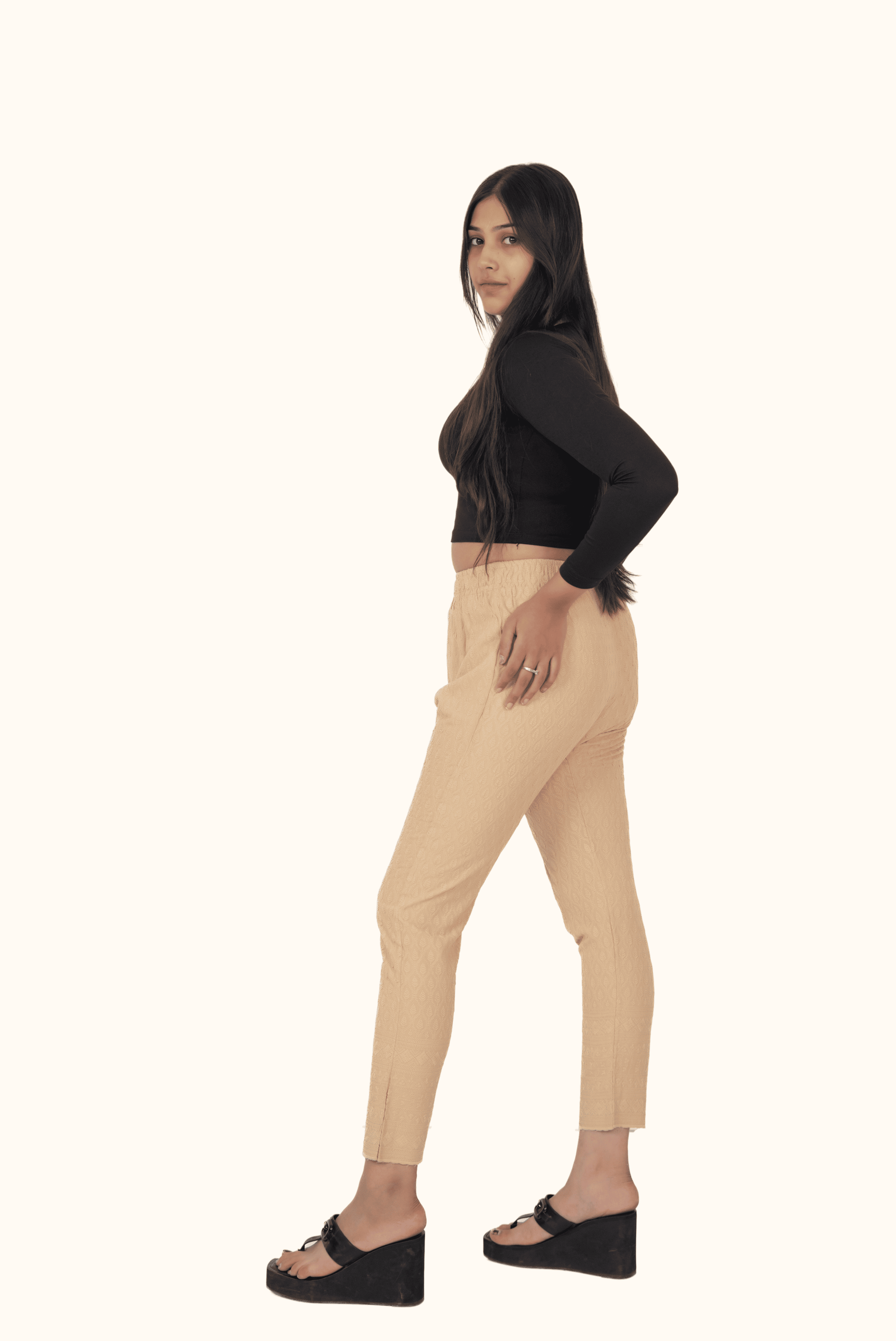 Beige Rayon Chikan Pants