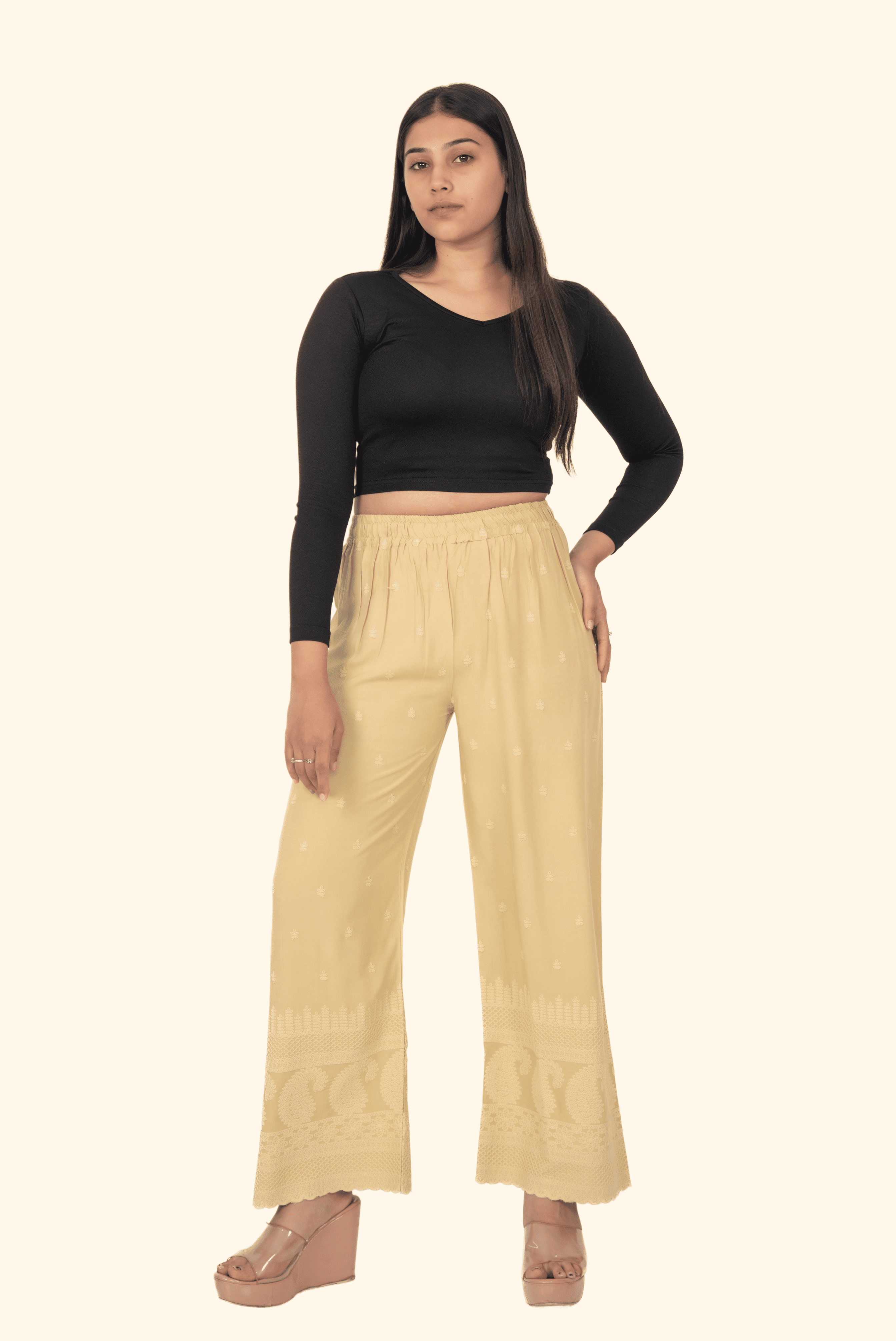 Beige Rayon Lucknowi Palazzo