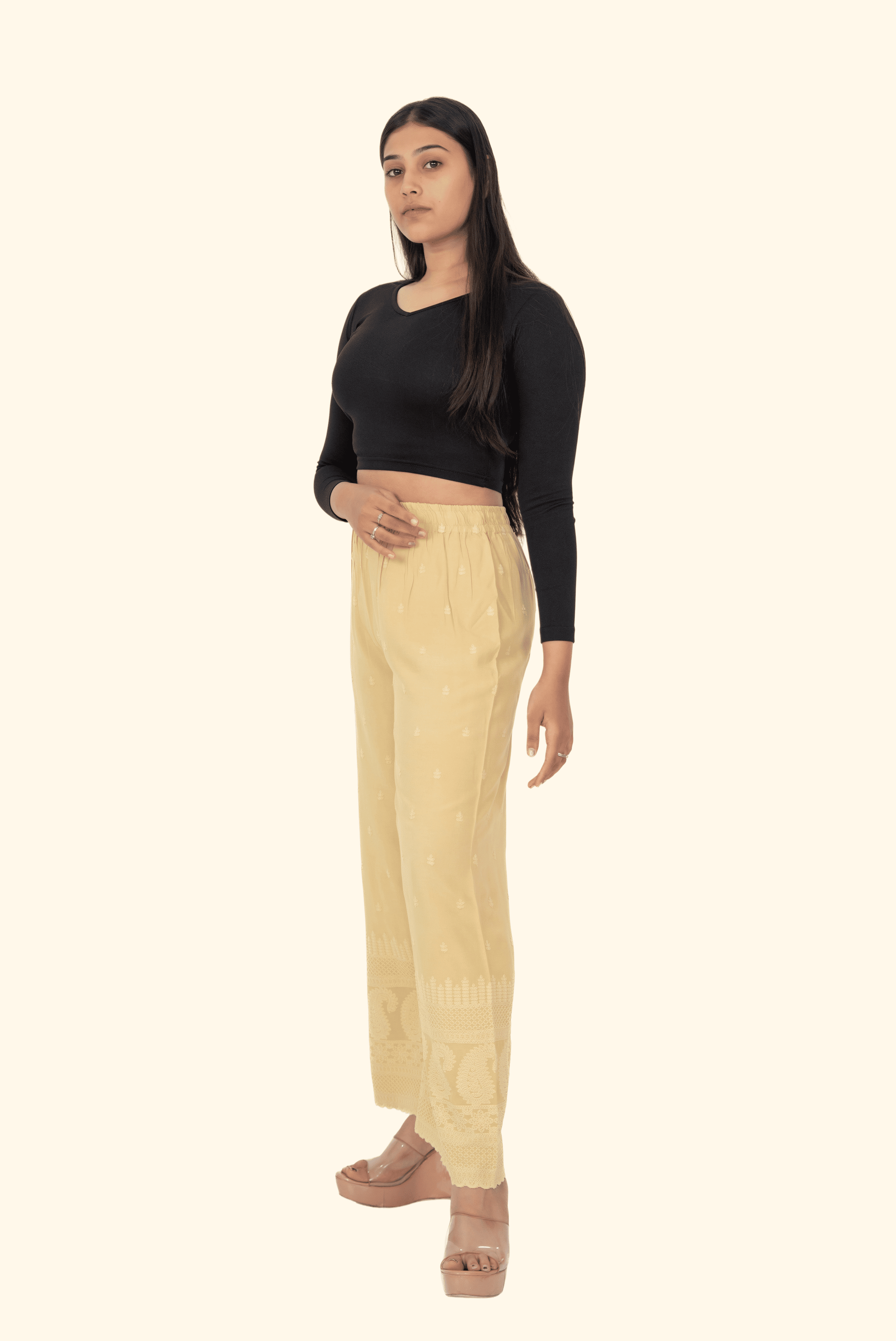 Beige Rayon Lucknowi Palazzo
