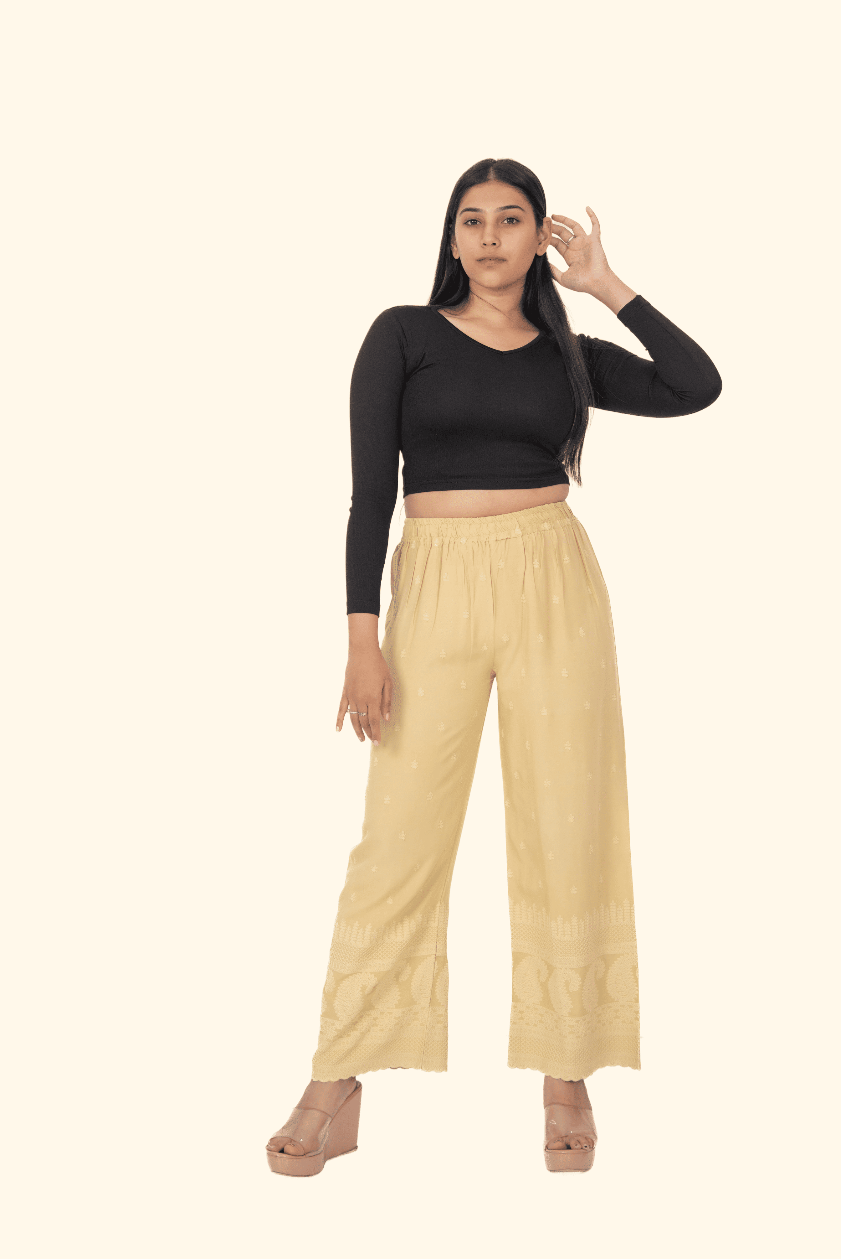 Beige Rayon Lucknowi Palazzo