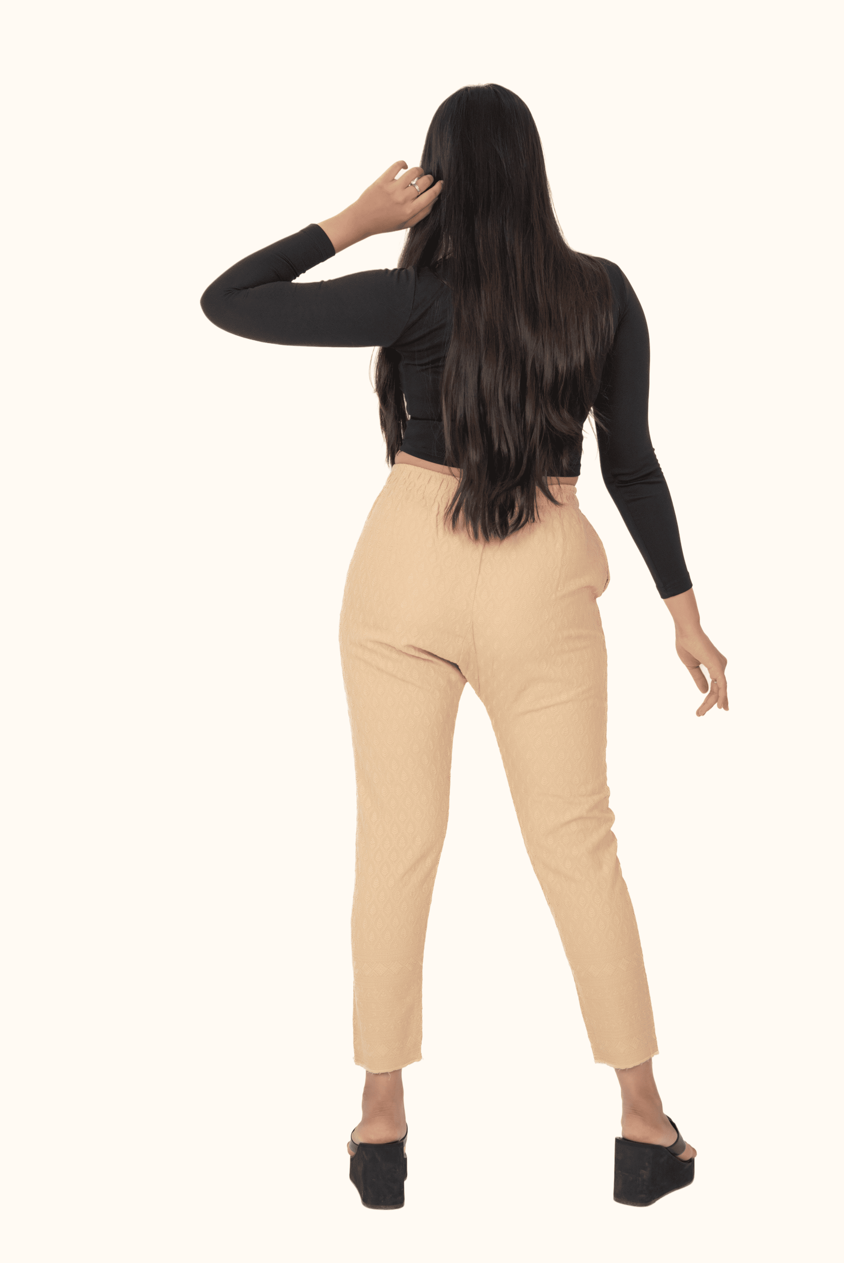Beige Rayon Chikan Pants