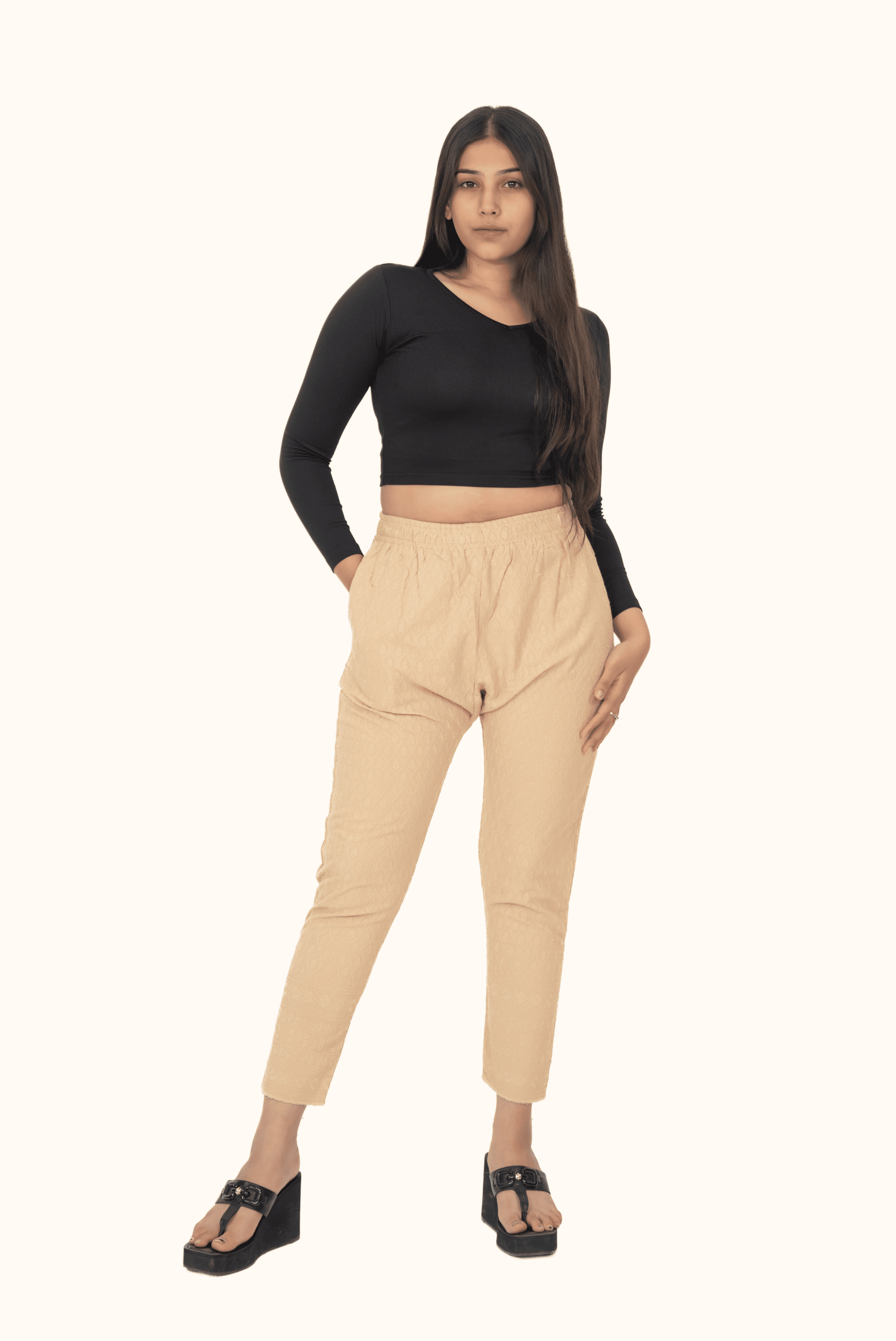 Beige Rayon Chikan Pants