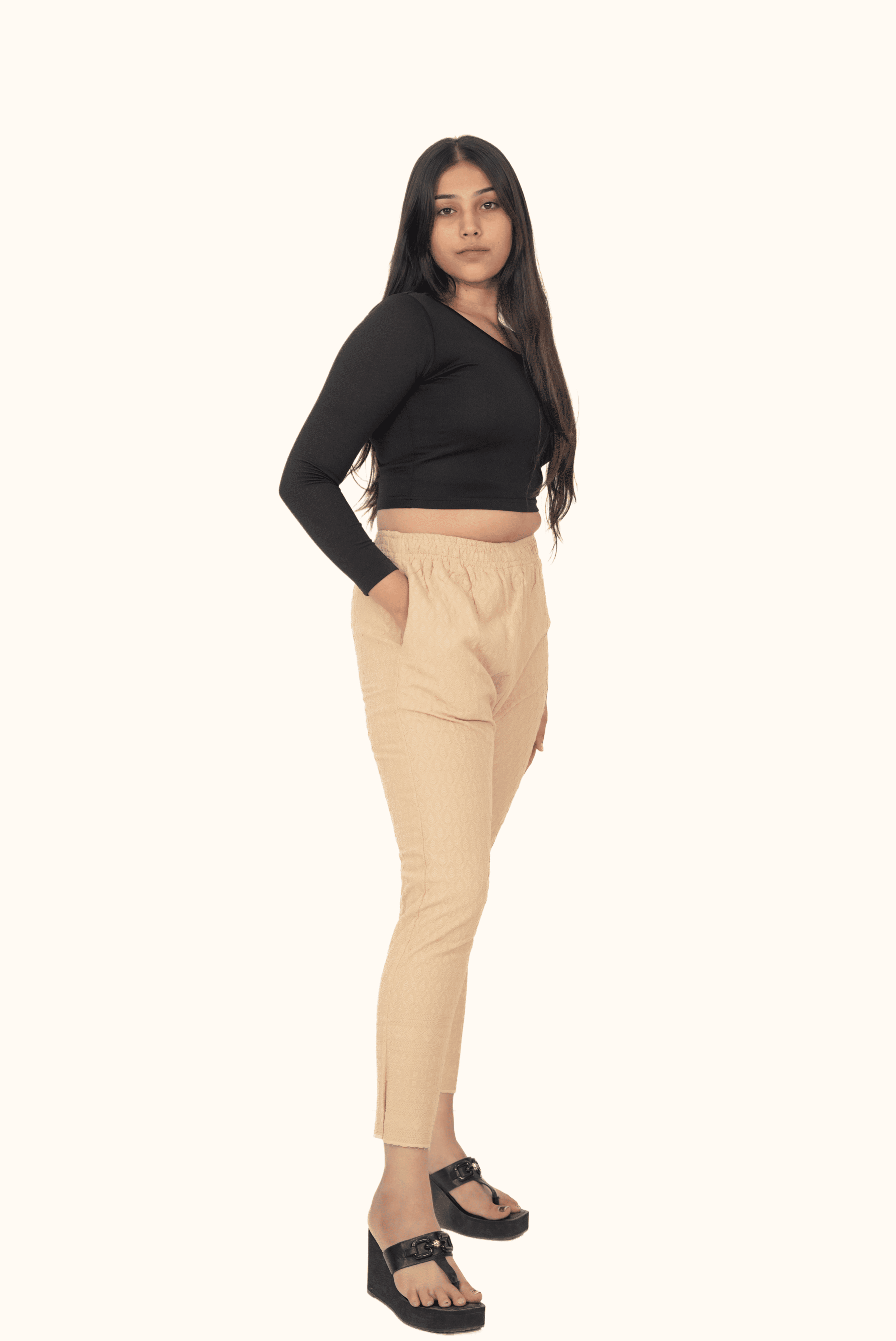 Beige Rayon Chikan Pants