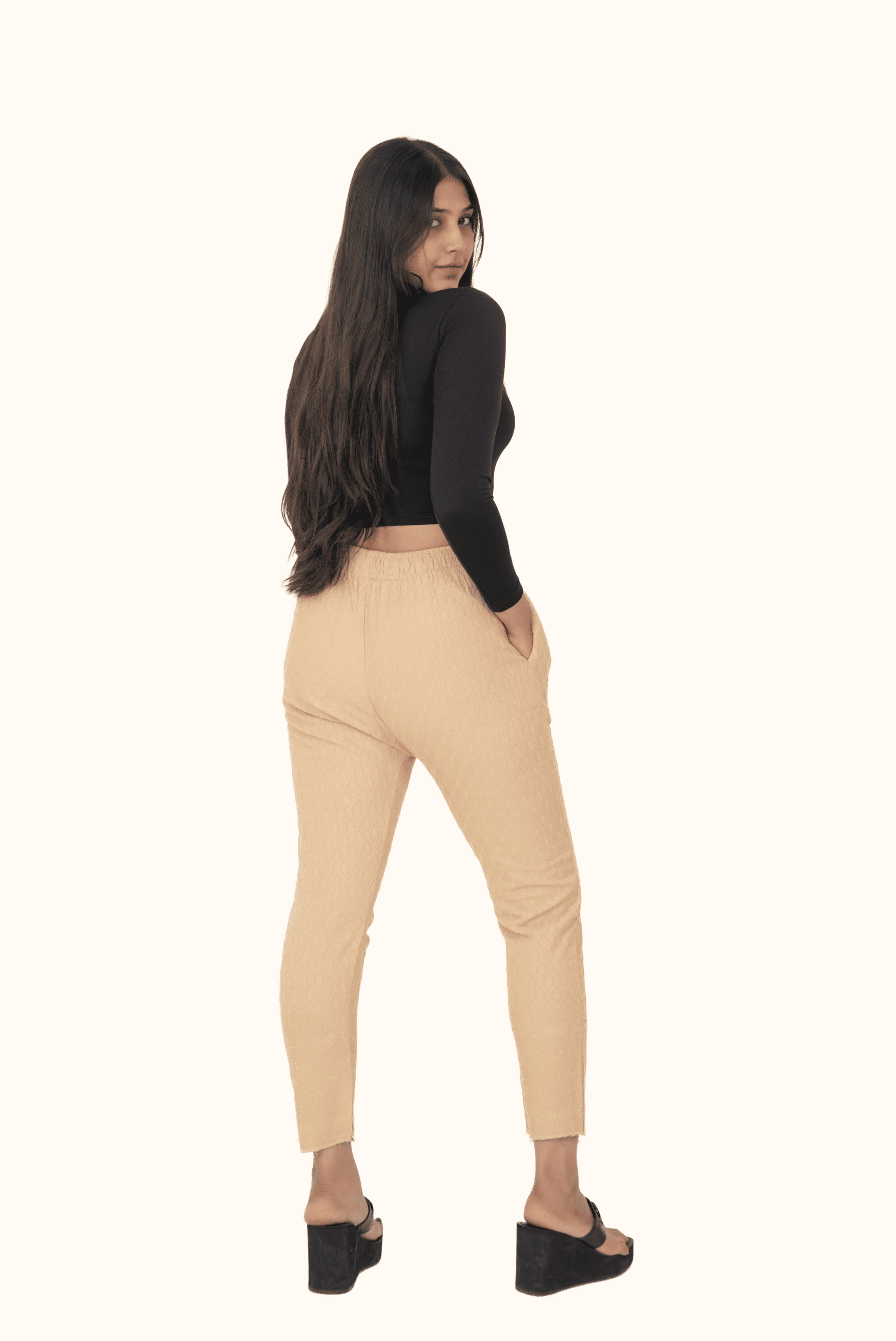 Beige Rayon Chikan Pants
