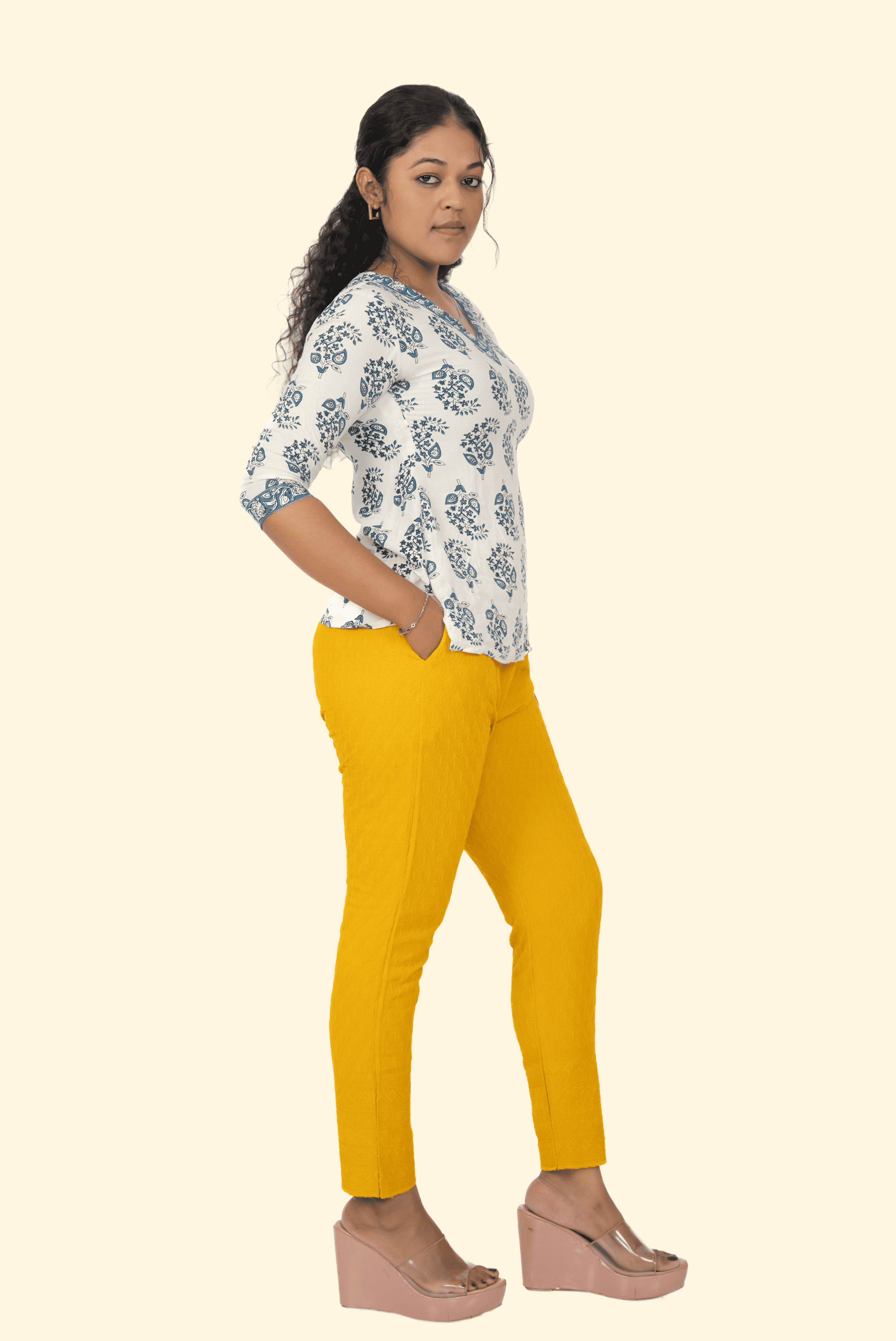 Mustard Rayon Chikan Pants