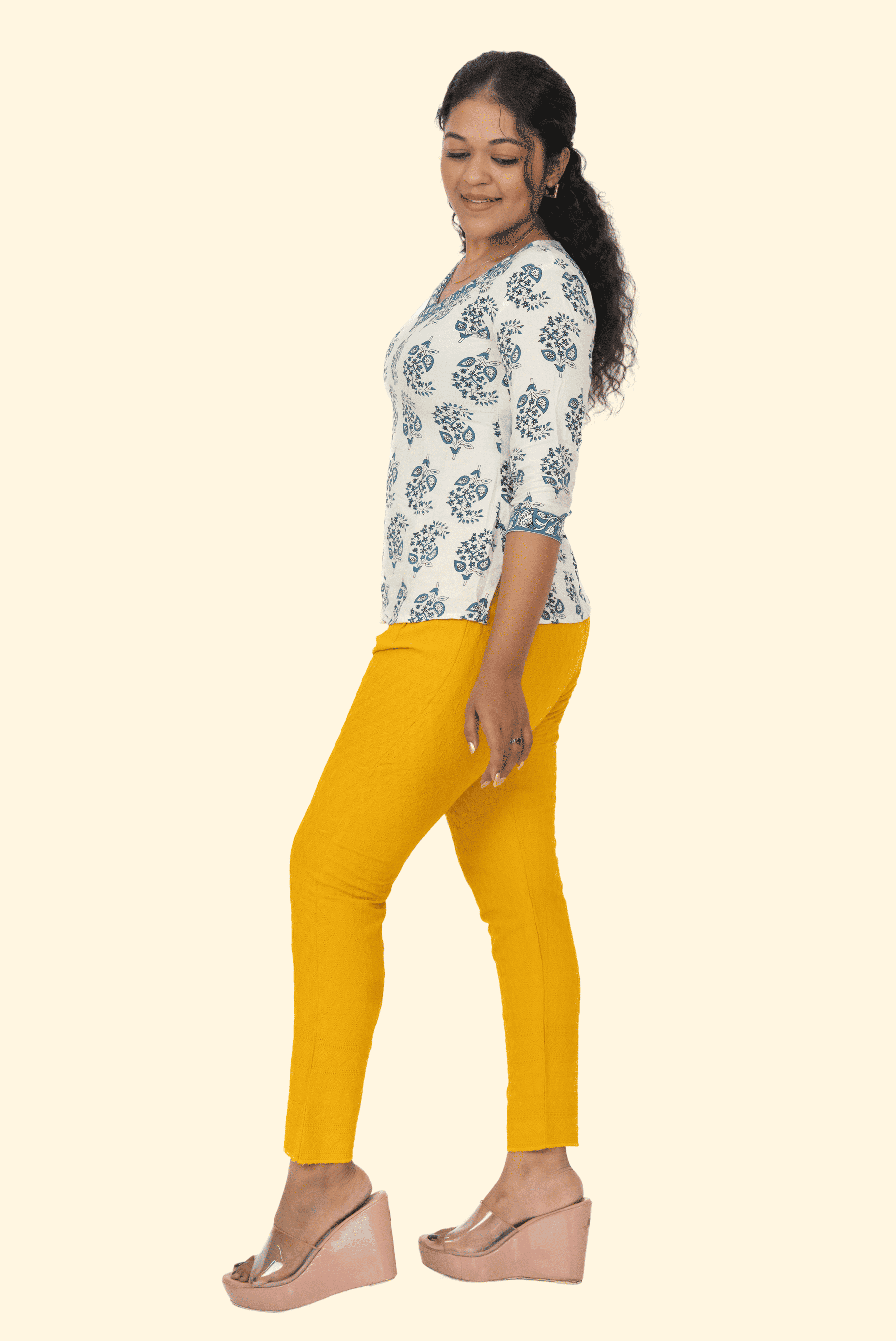 Mustard Rayon Chikan Pants