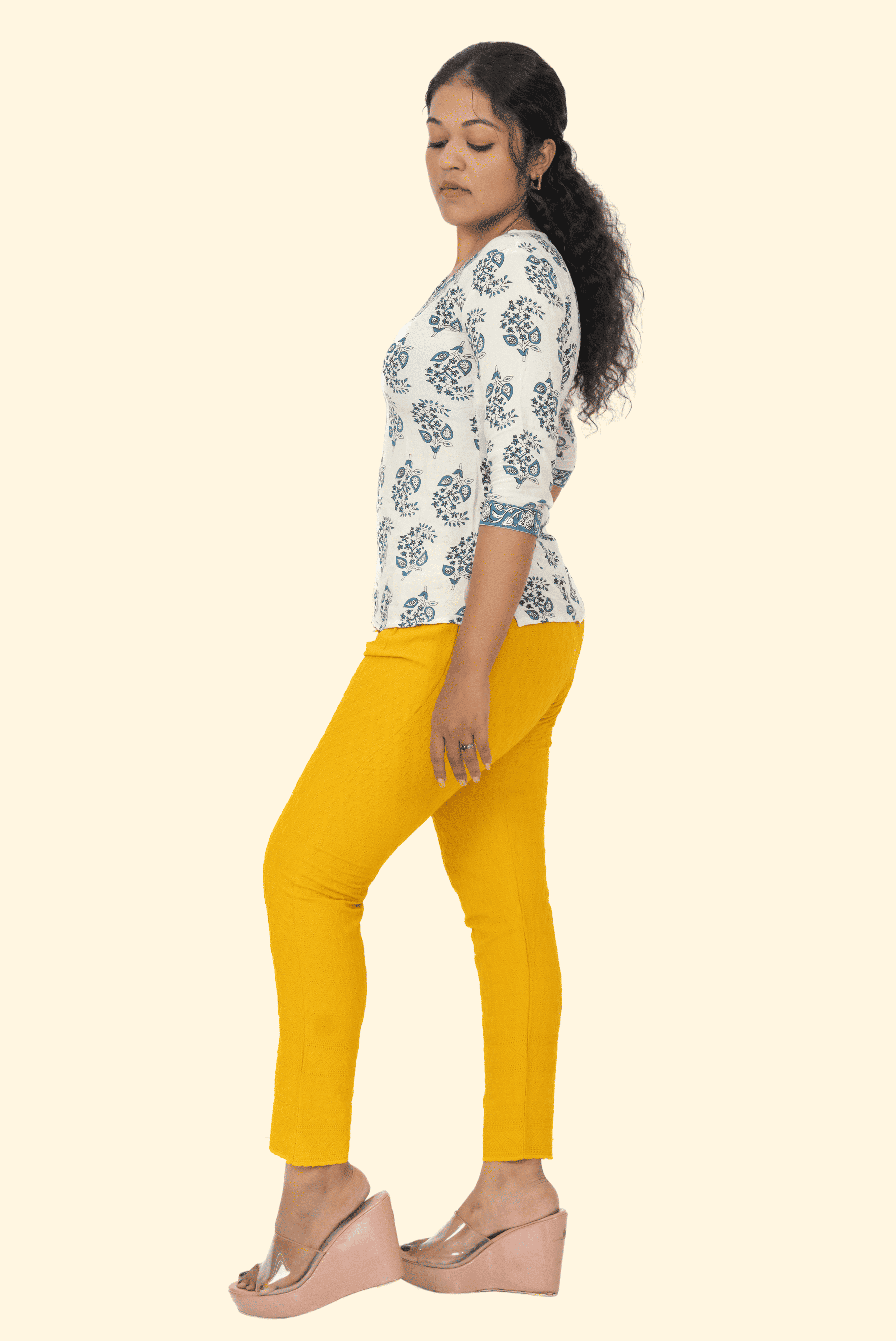 Mustard Rayon Chikan Pants
