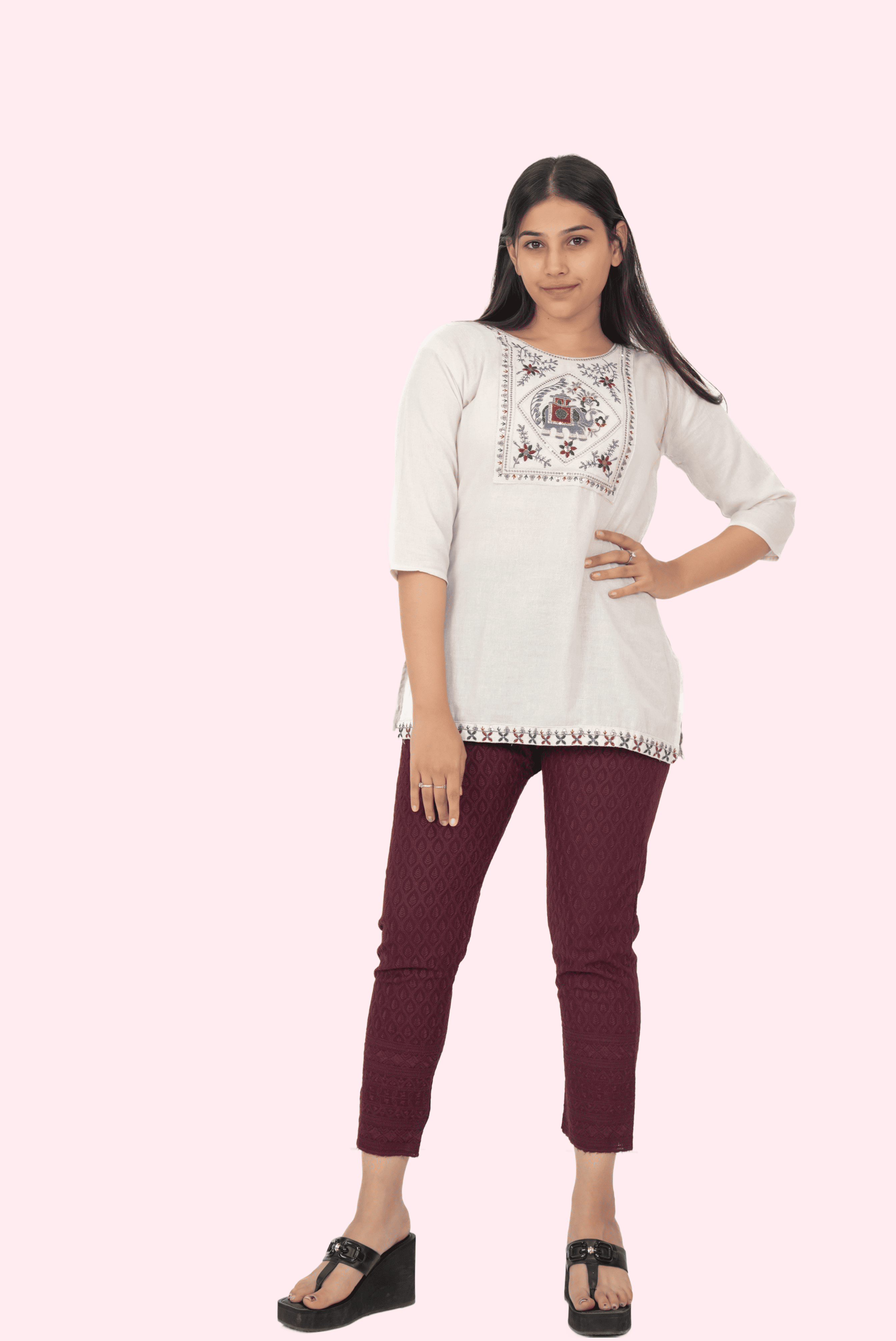 Burgundy Rayon Chikan Pants