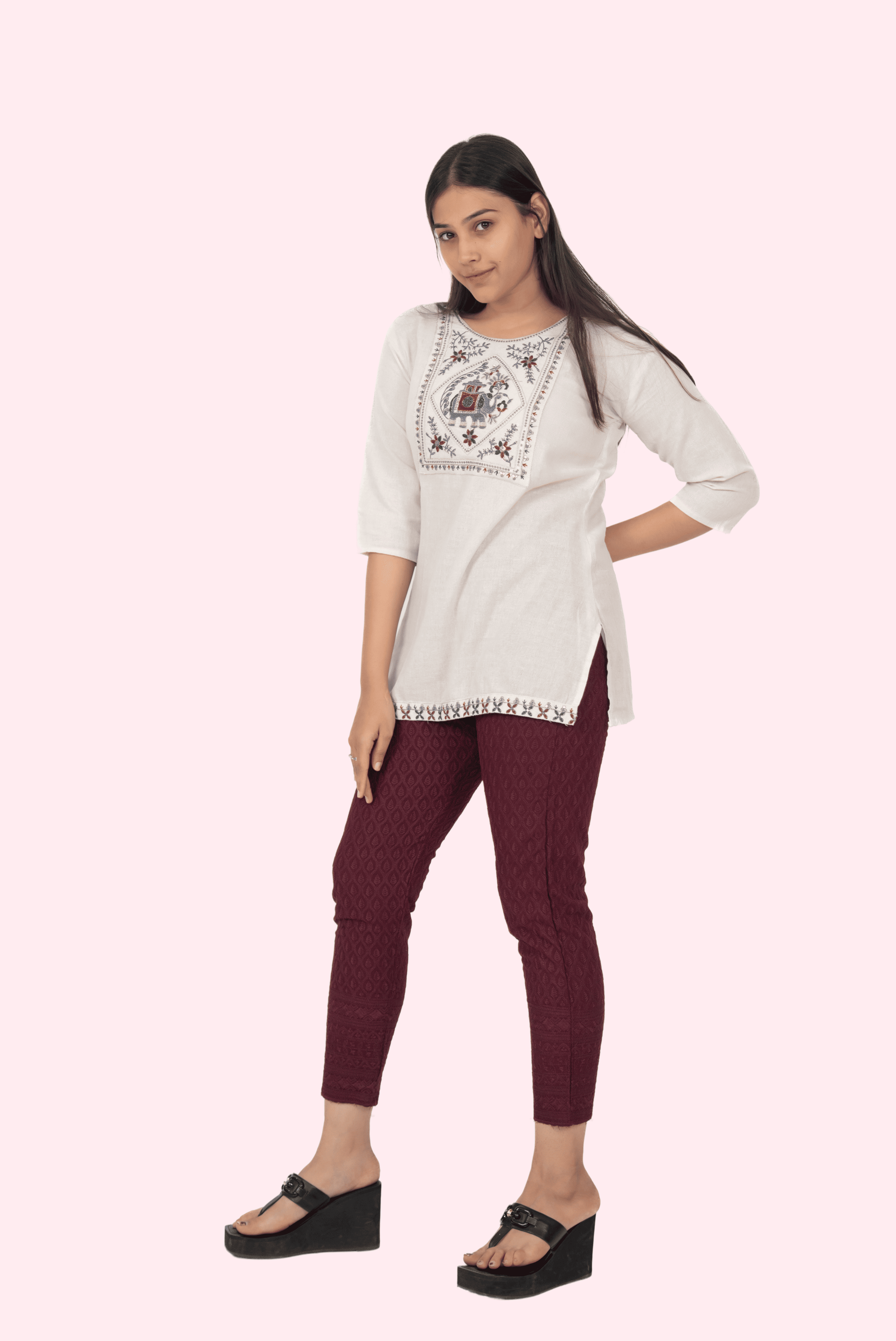 Burgundy Rayon Chikan Pants