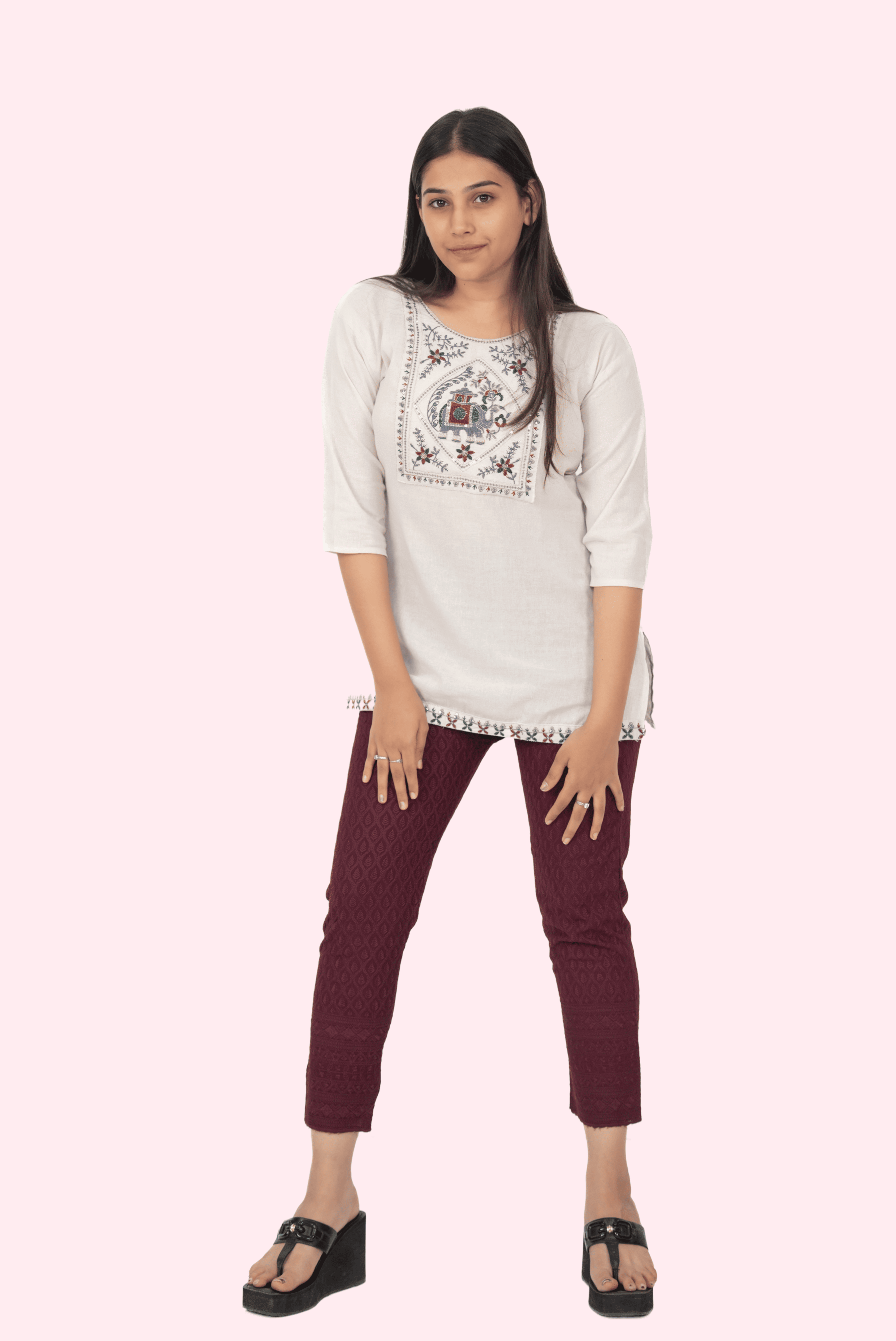 Burgundy Rayon Chikan Pants