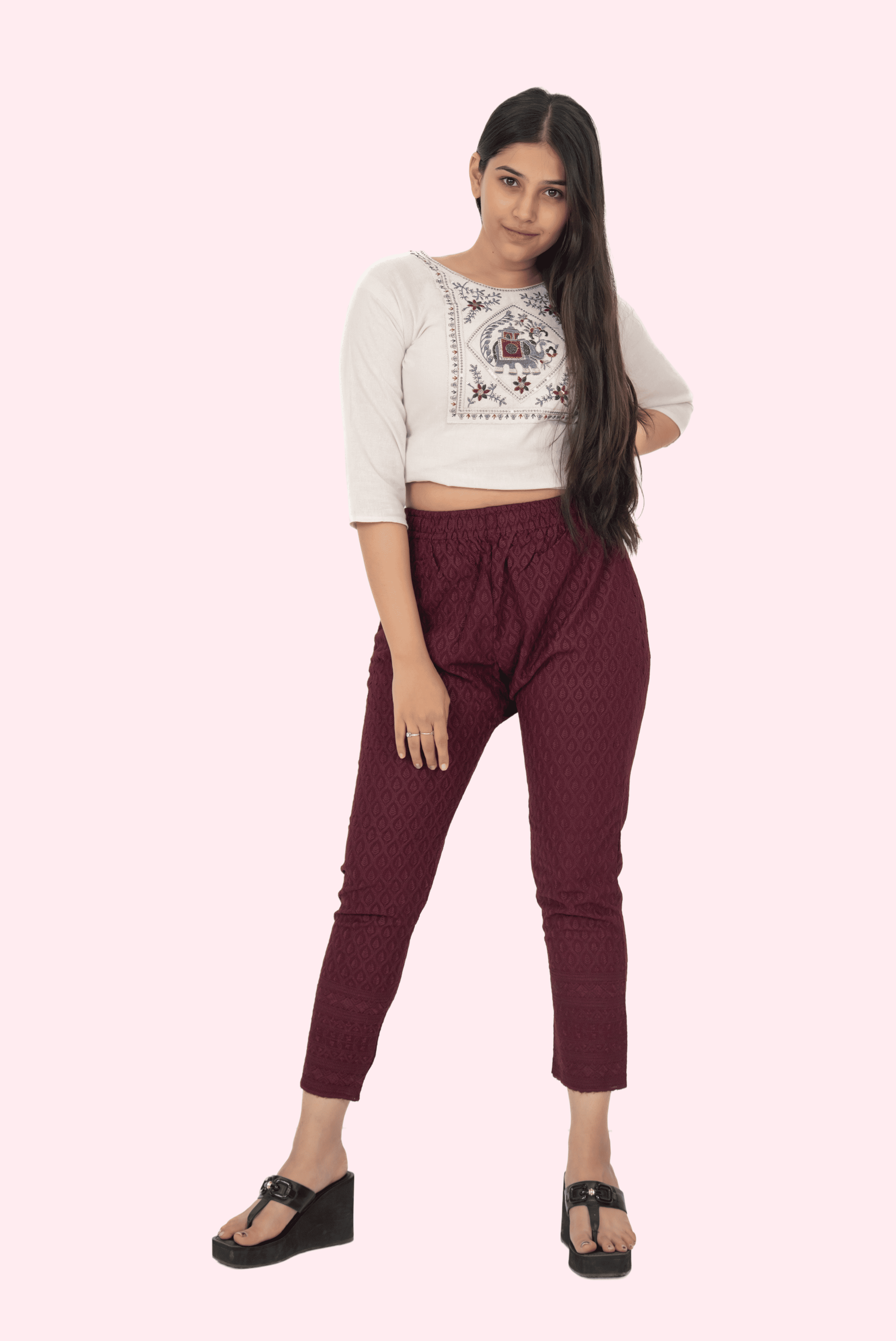 Burgundy Rayon Chikan Pants