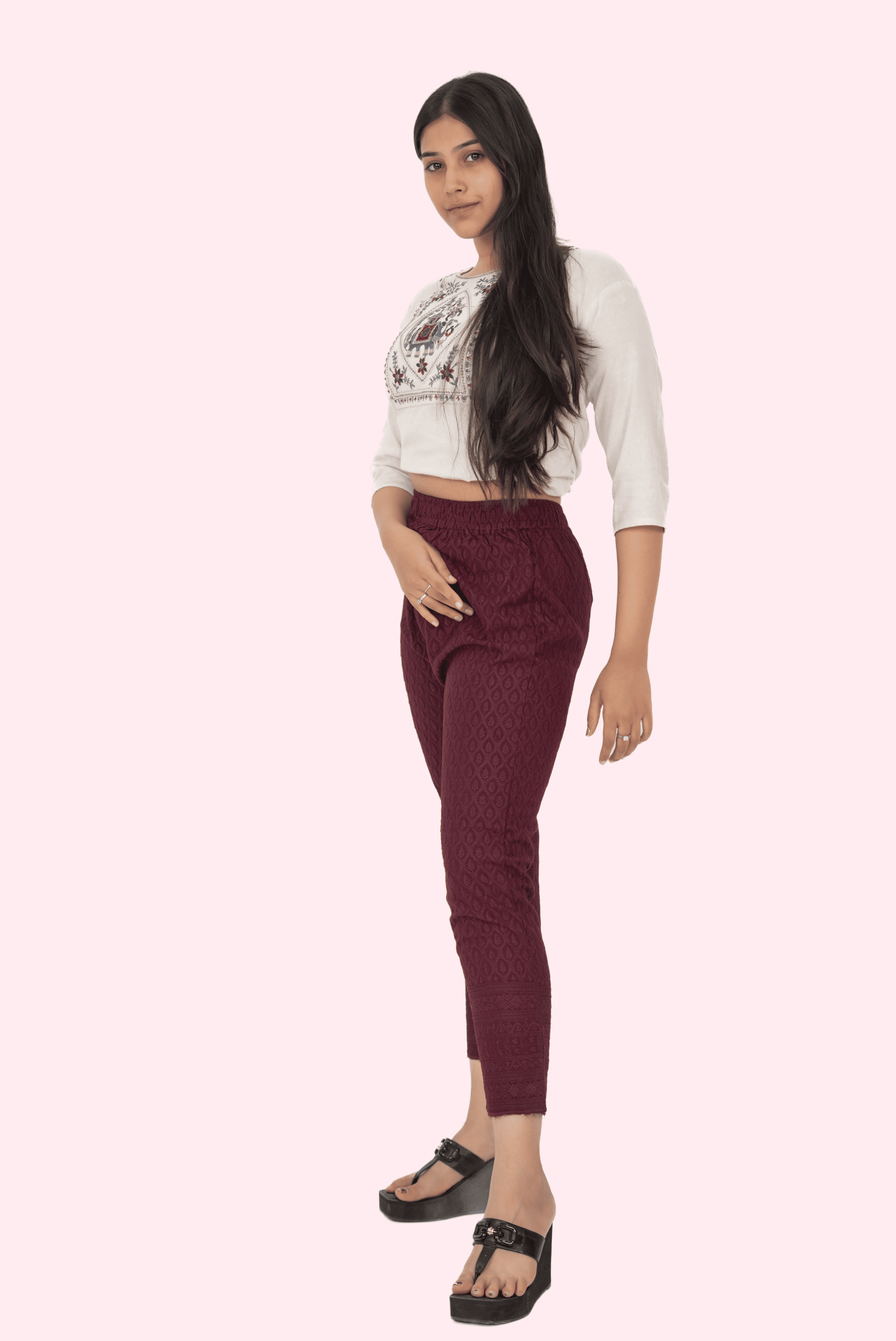 Burgundy Rayon Chikan Pants