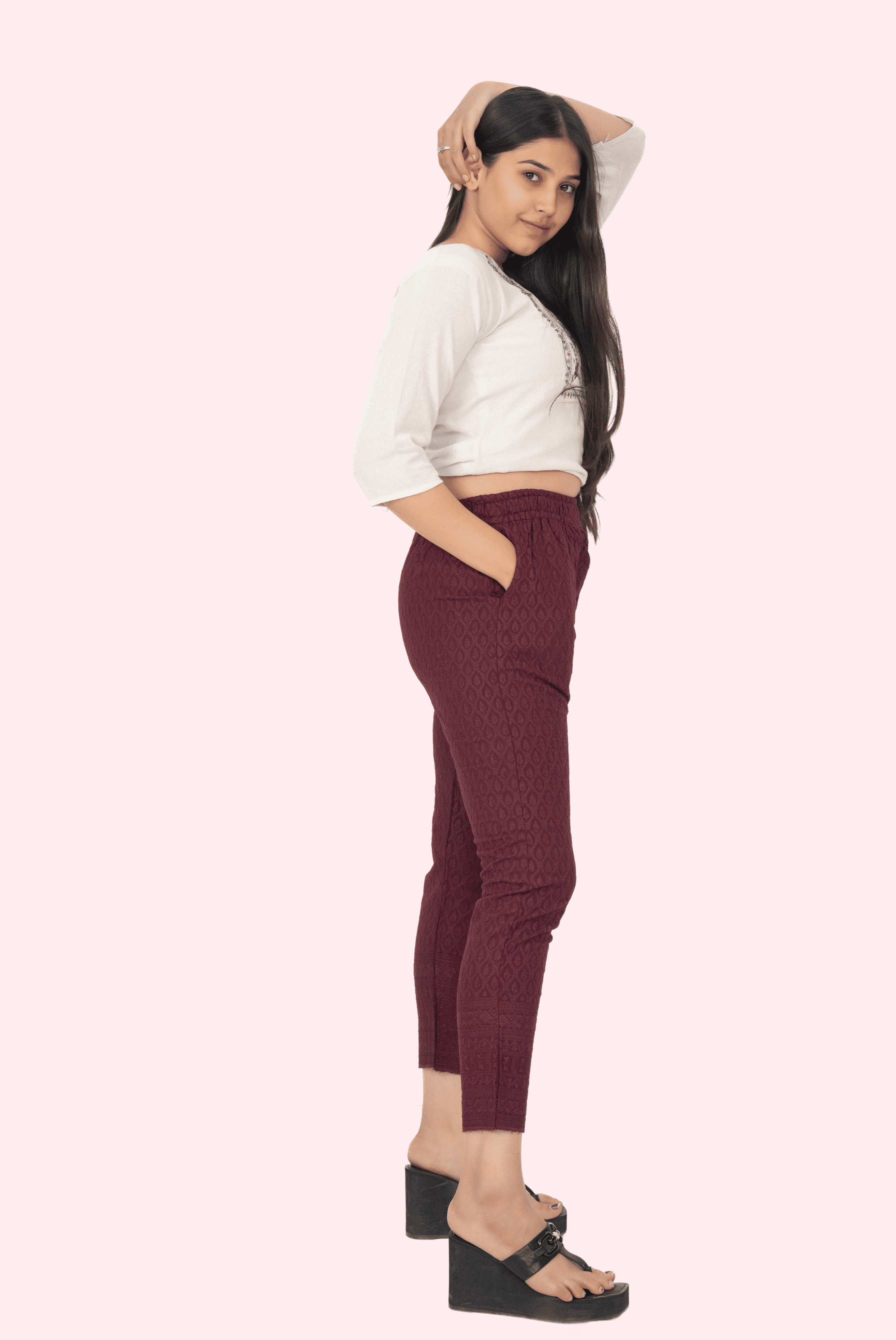 Burgundy Rayon Chikan Pants