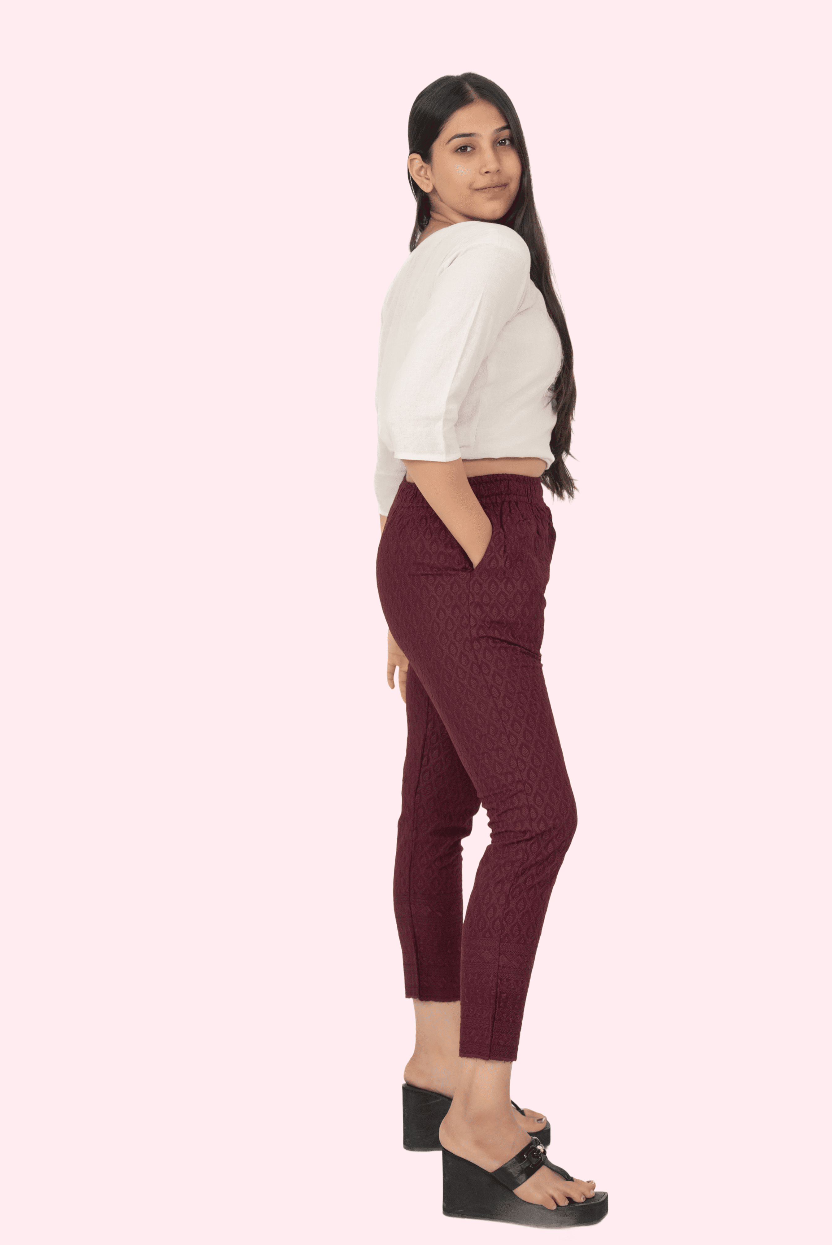 Burgundy Rayon Chikan Pants