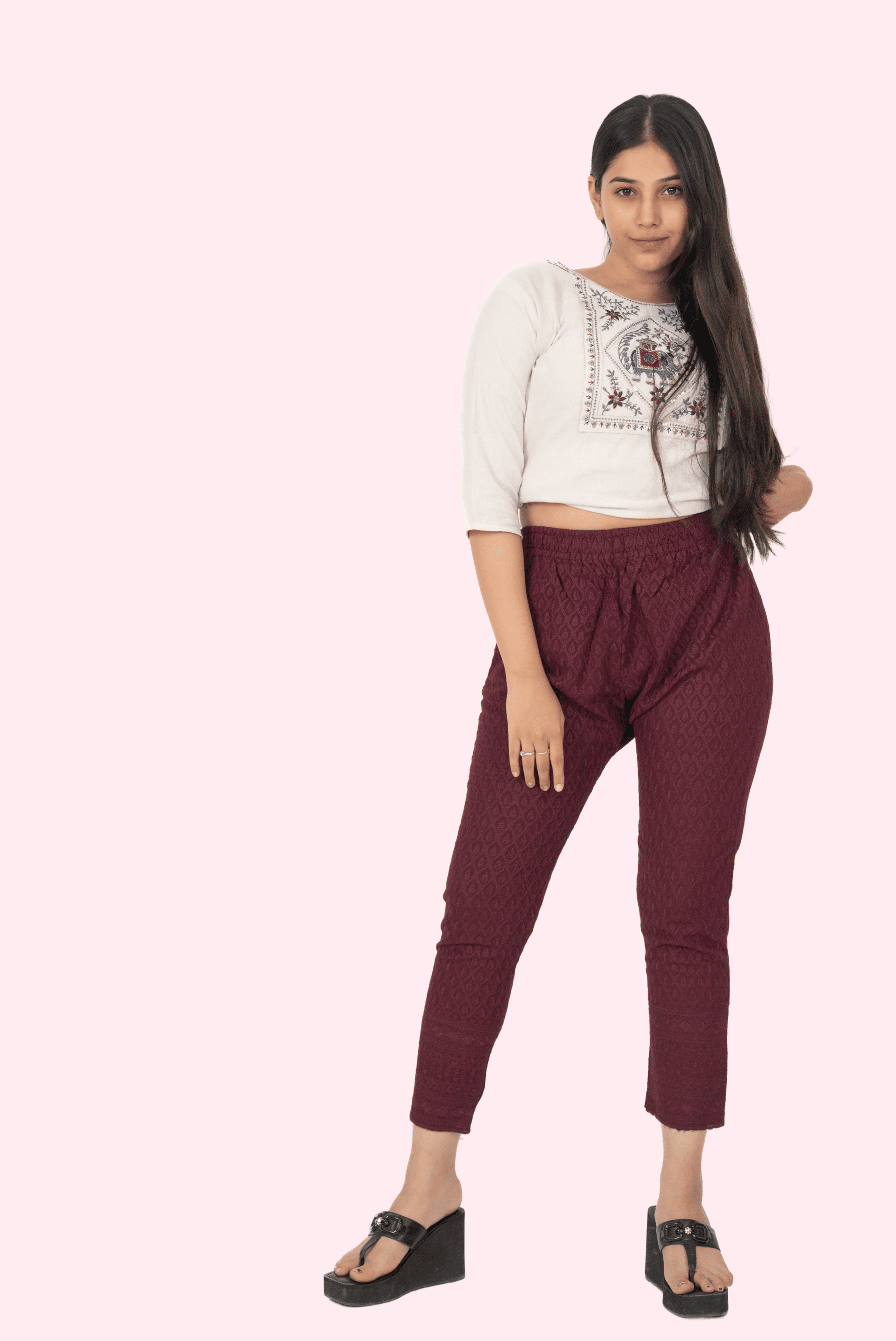 Burgundy Rayon Chikan Pants
