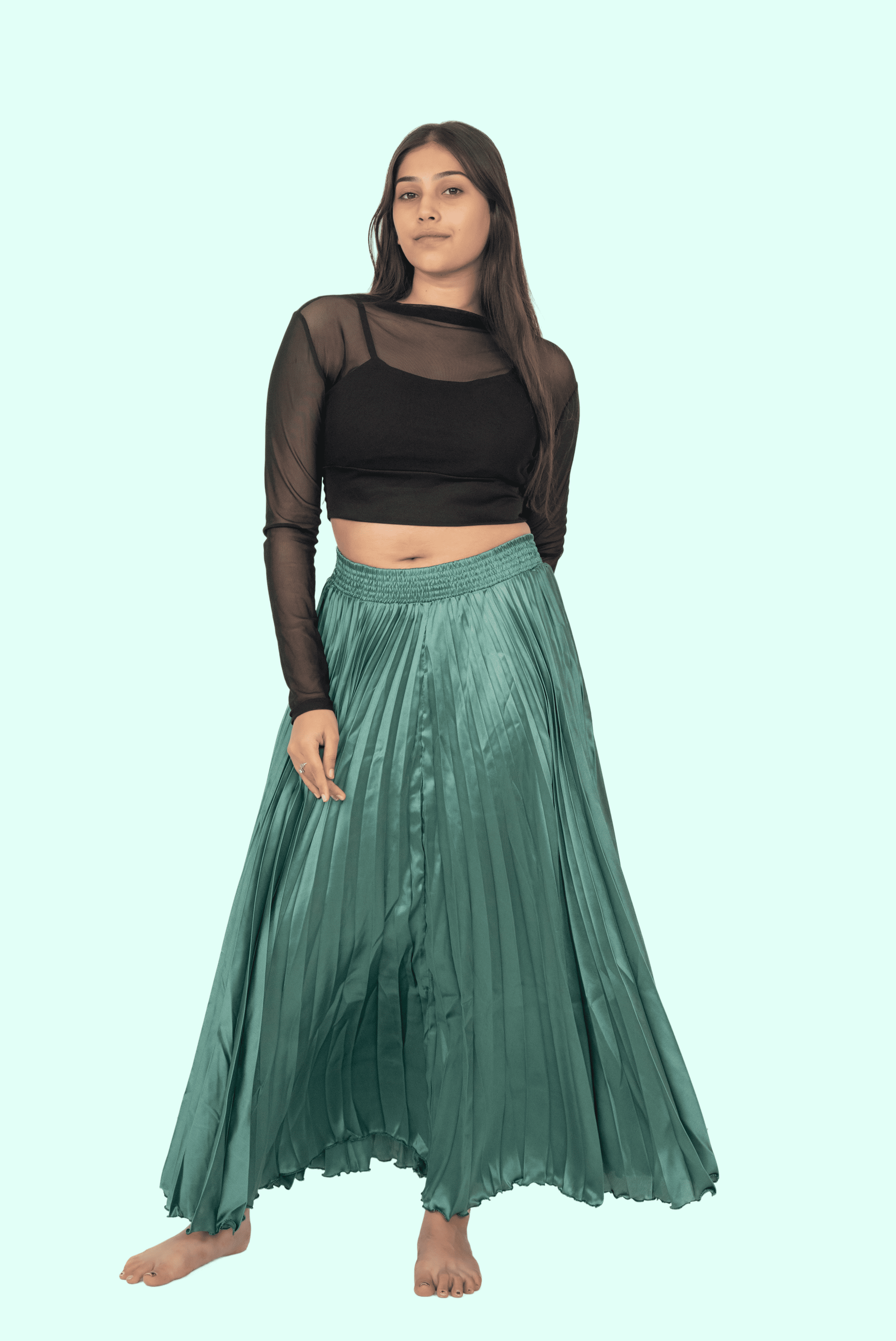 Green Satin Silk Small Pleated Skirt