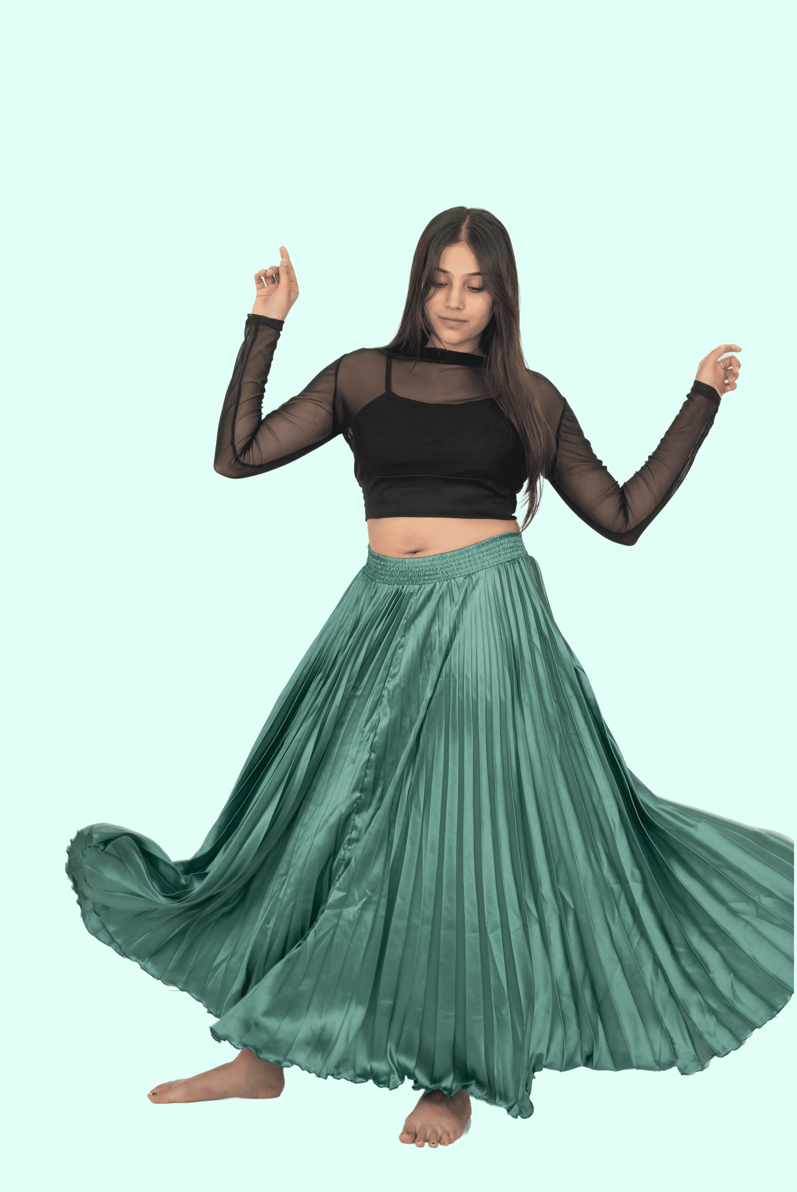 Green Satin Silk Small Pleated Skirt