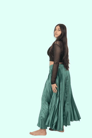 Green Satin Silk Small Pleated Skirt
