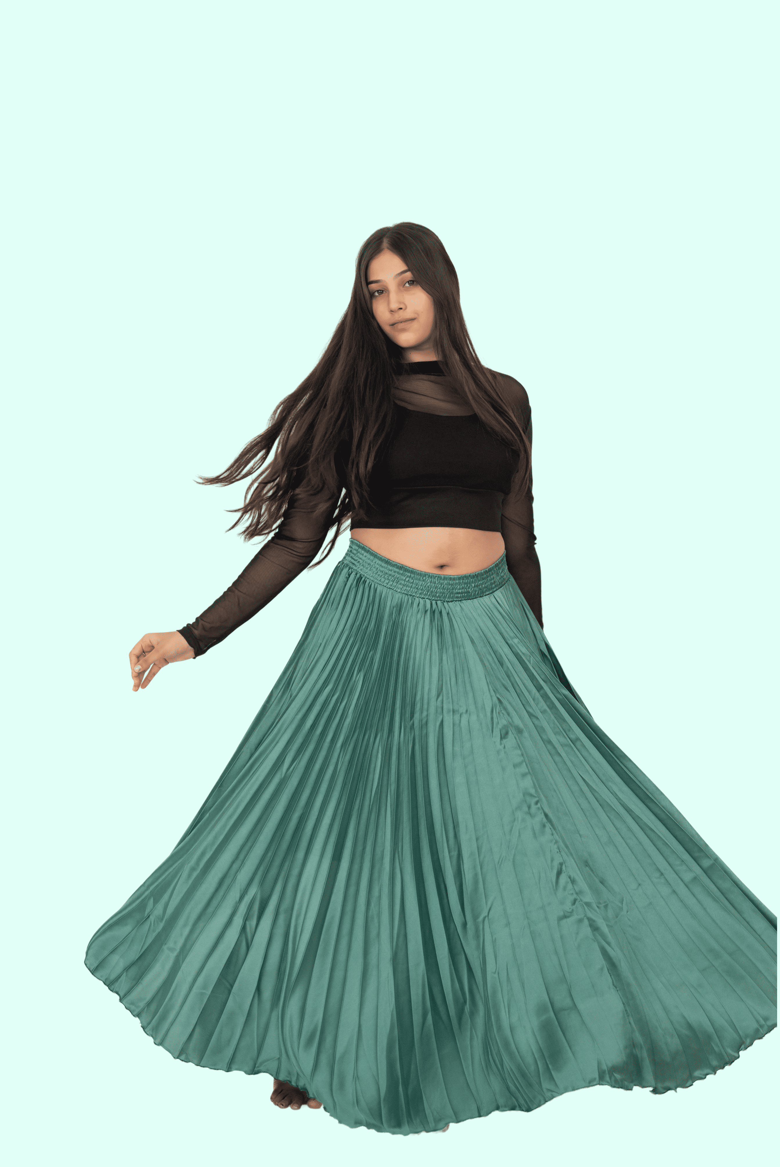 Green Satin Silk Small Pleated Skirt