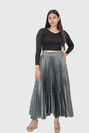 Metal Grey Satin Silk Small Pleated Skirt