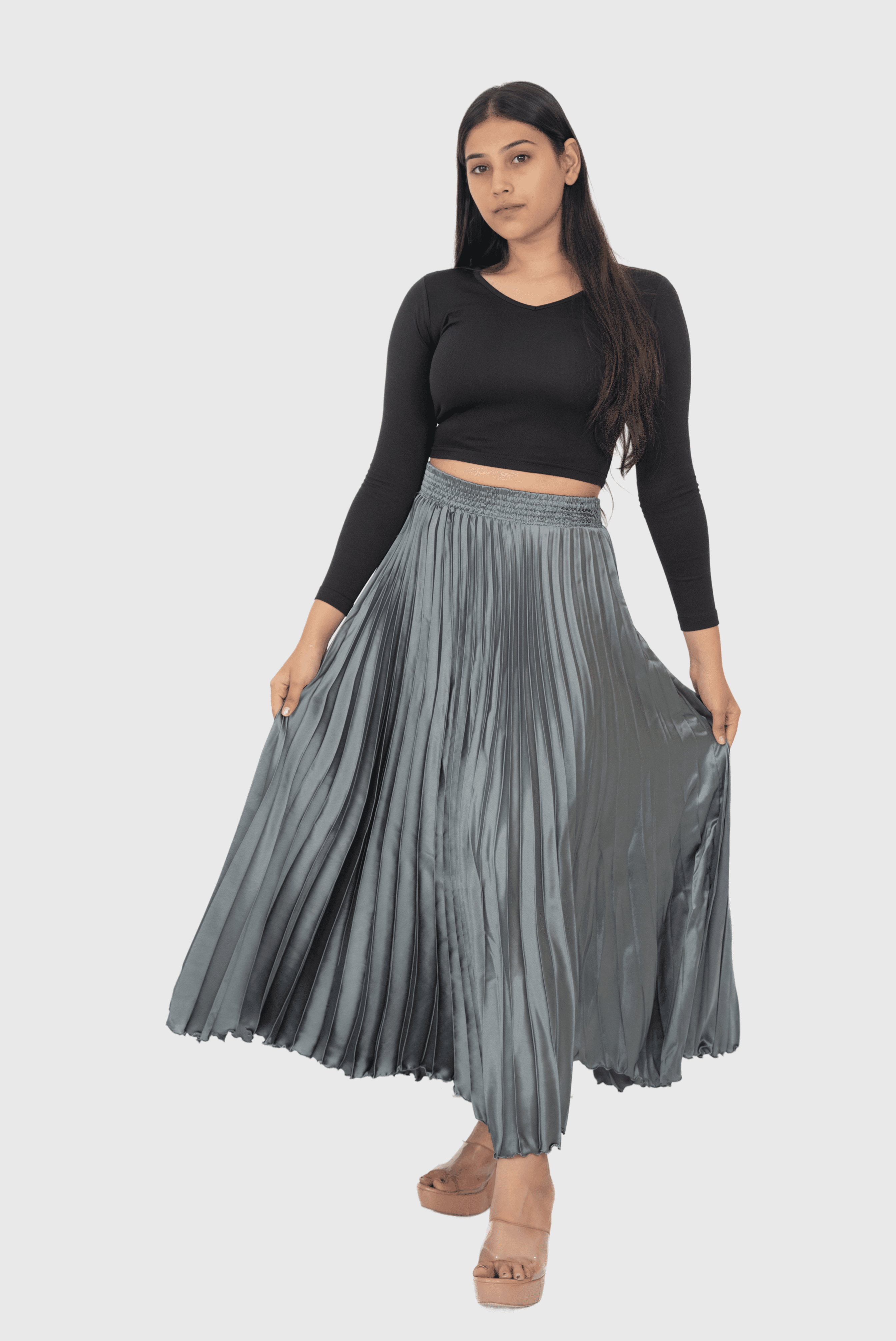 Metal Grey Satin Silk Small Pleated Skirt
