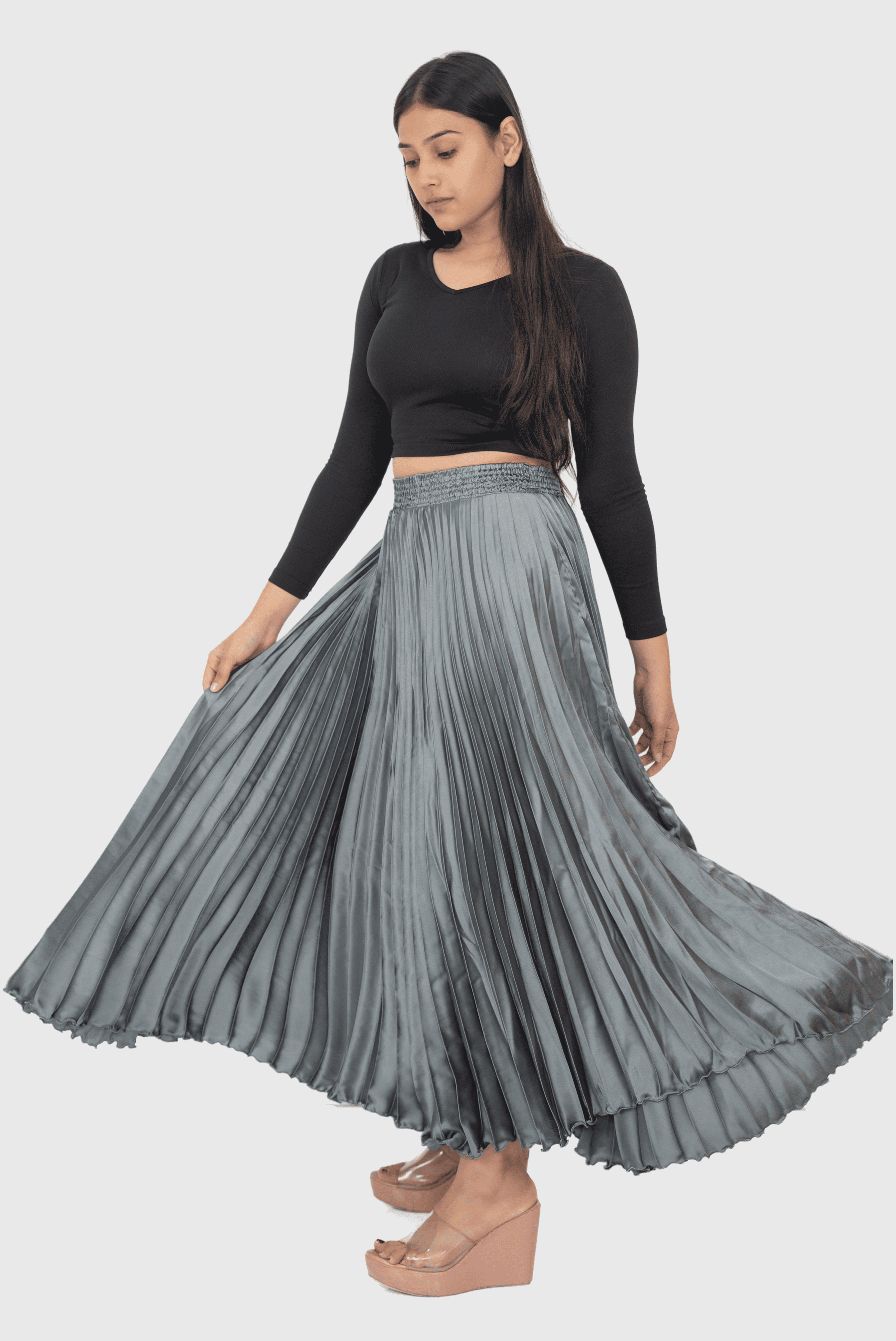 Metal Grey Satin Silk Small Pleated Skirt