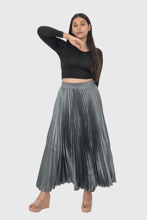 Metal Grey Satin Silk Small Pleated Skirt