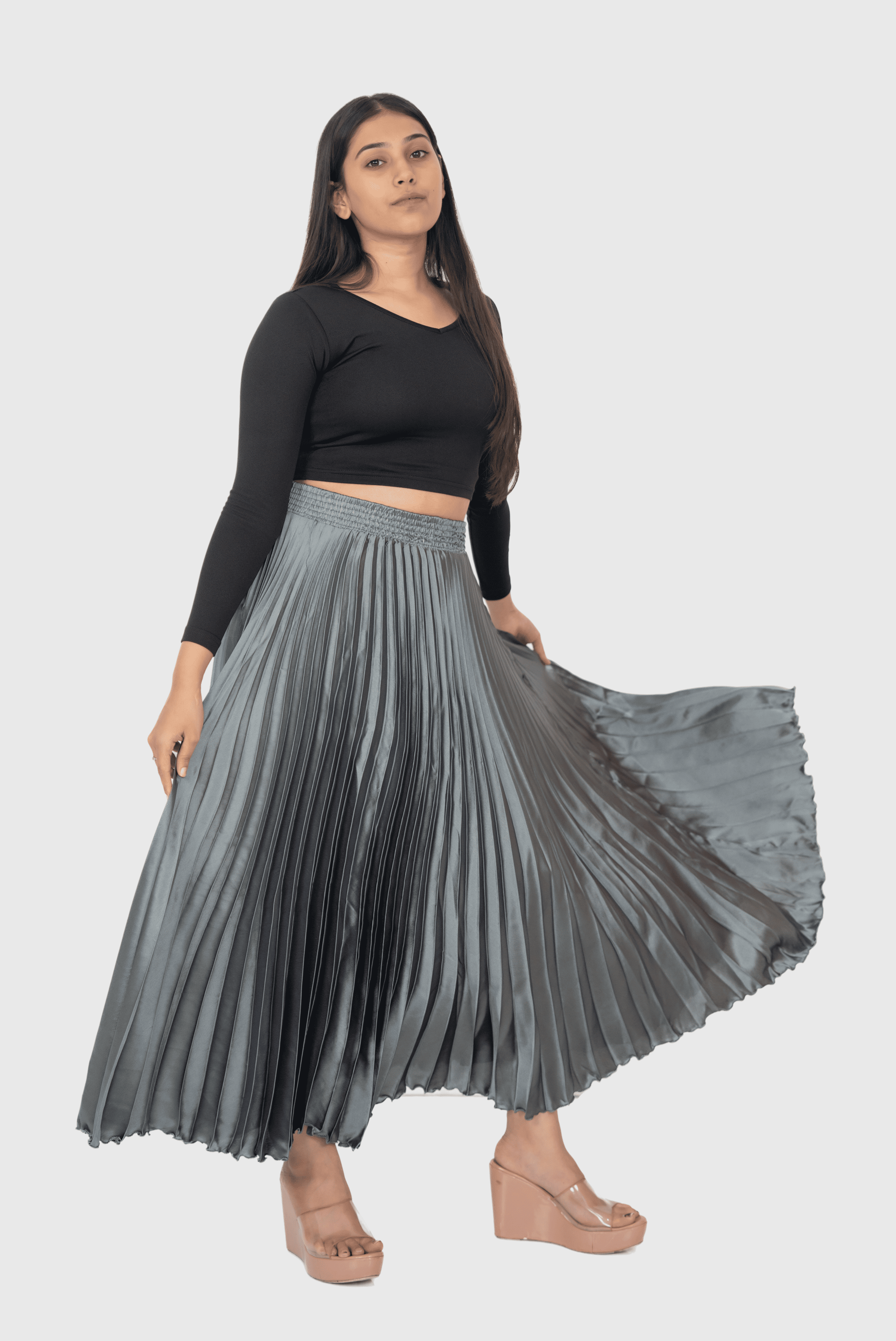Metal Grey Satin Silk Small Pleated Skirt