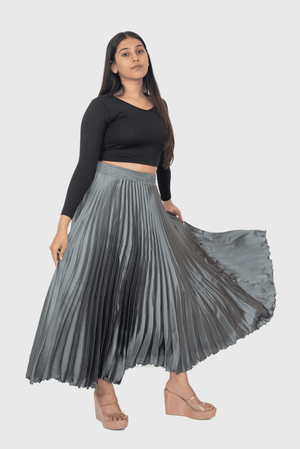 Metal Grey Satin Silk Small Pleated Skirt