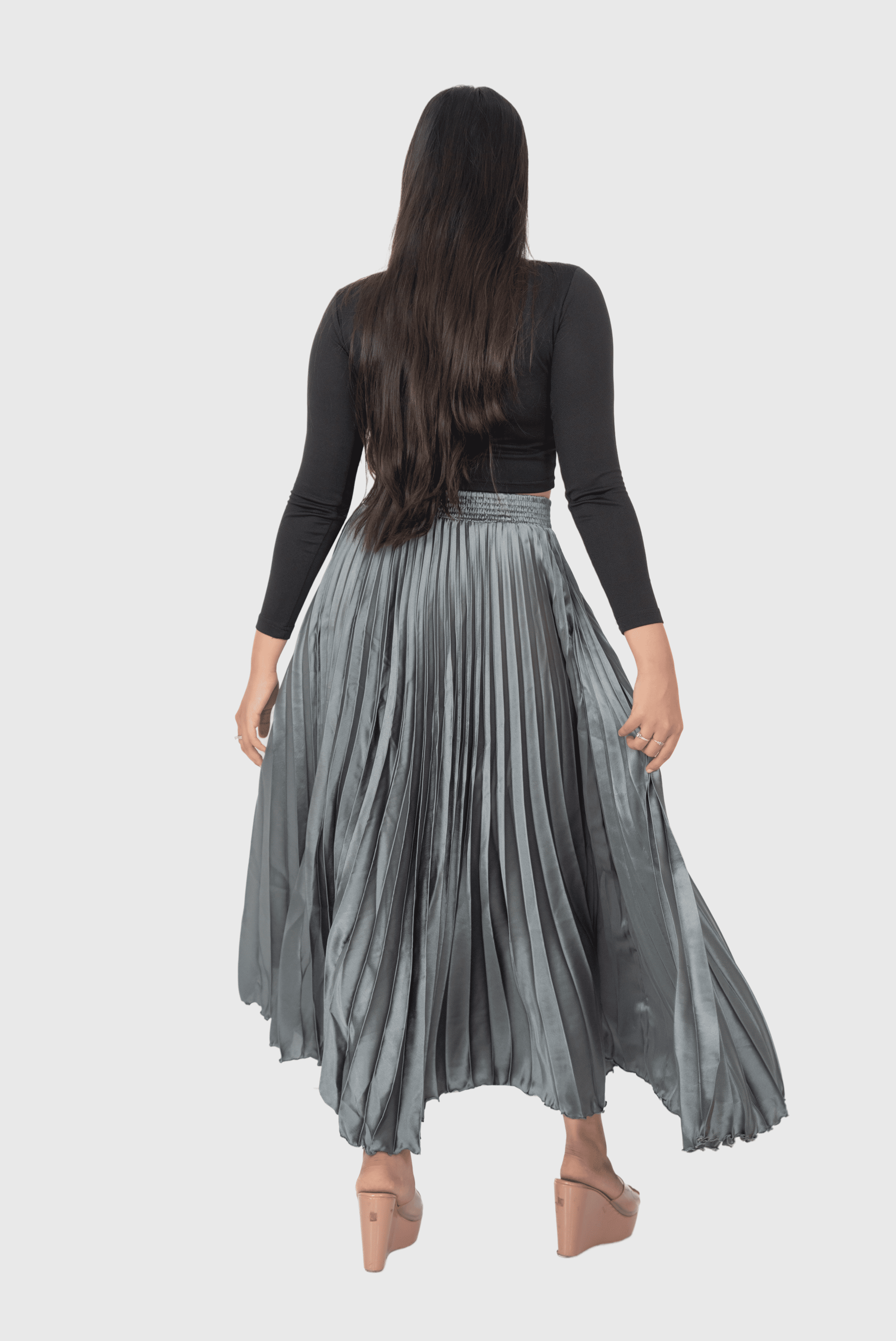 Metal Grey Satin Silk Small Pleated Skirt