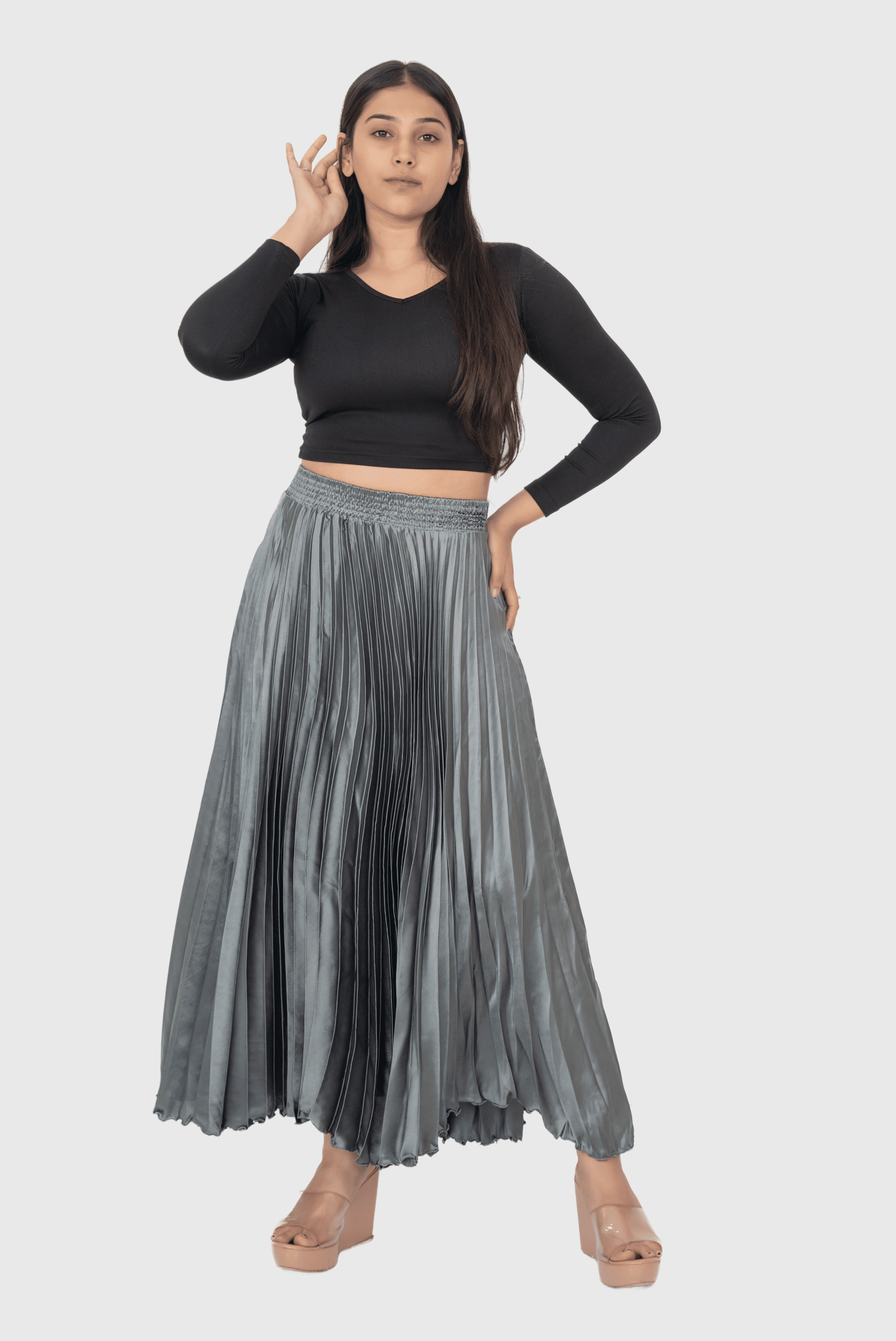 Metal Grey Satin Silk Small Pleated Skirt