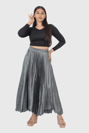 Metal Grey Satin Silk Small Pleated Skirt