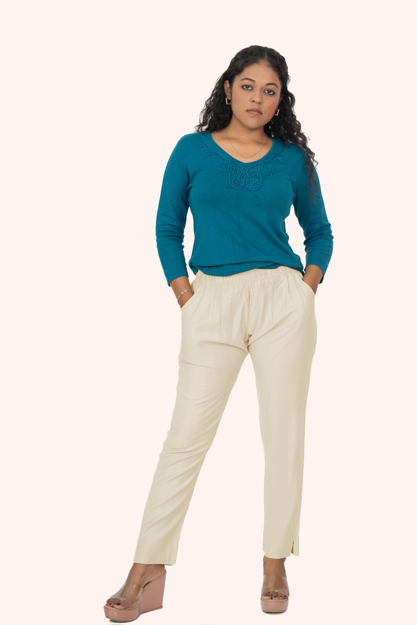 Cream Rayon Silk Pants