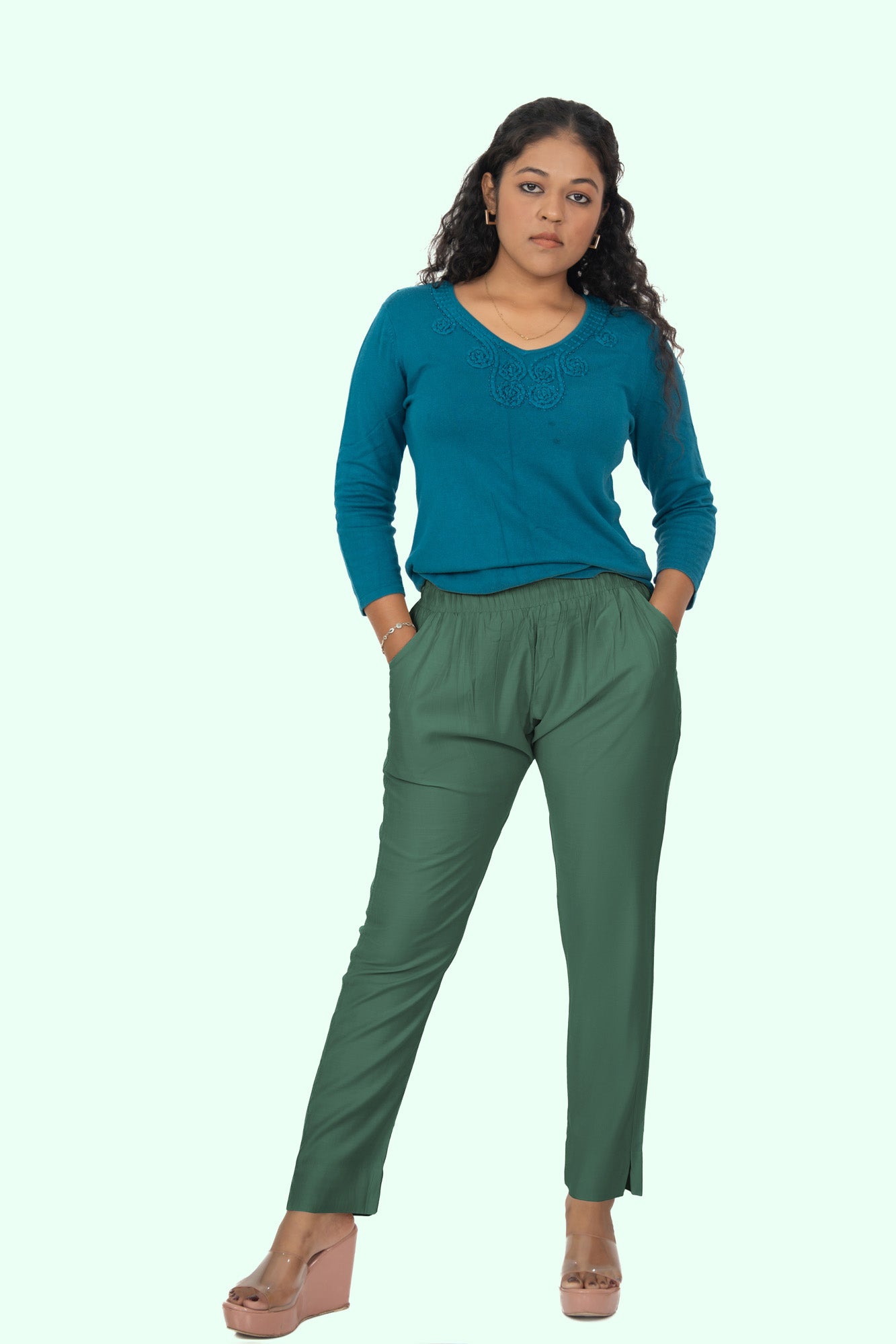 Dusty Green Rayon Silk Pants