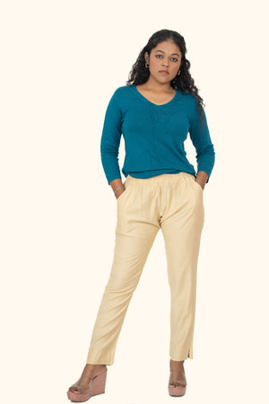 Beige Rayon Silk Pants