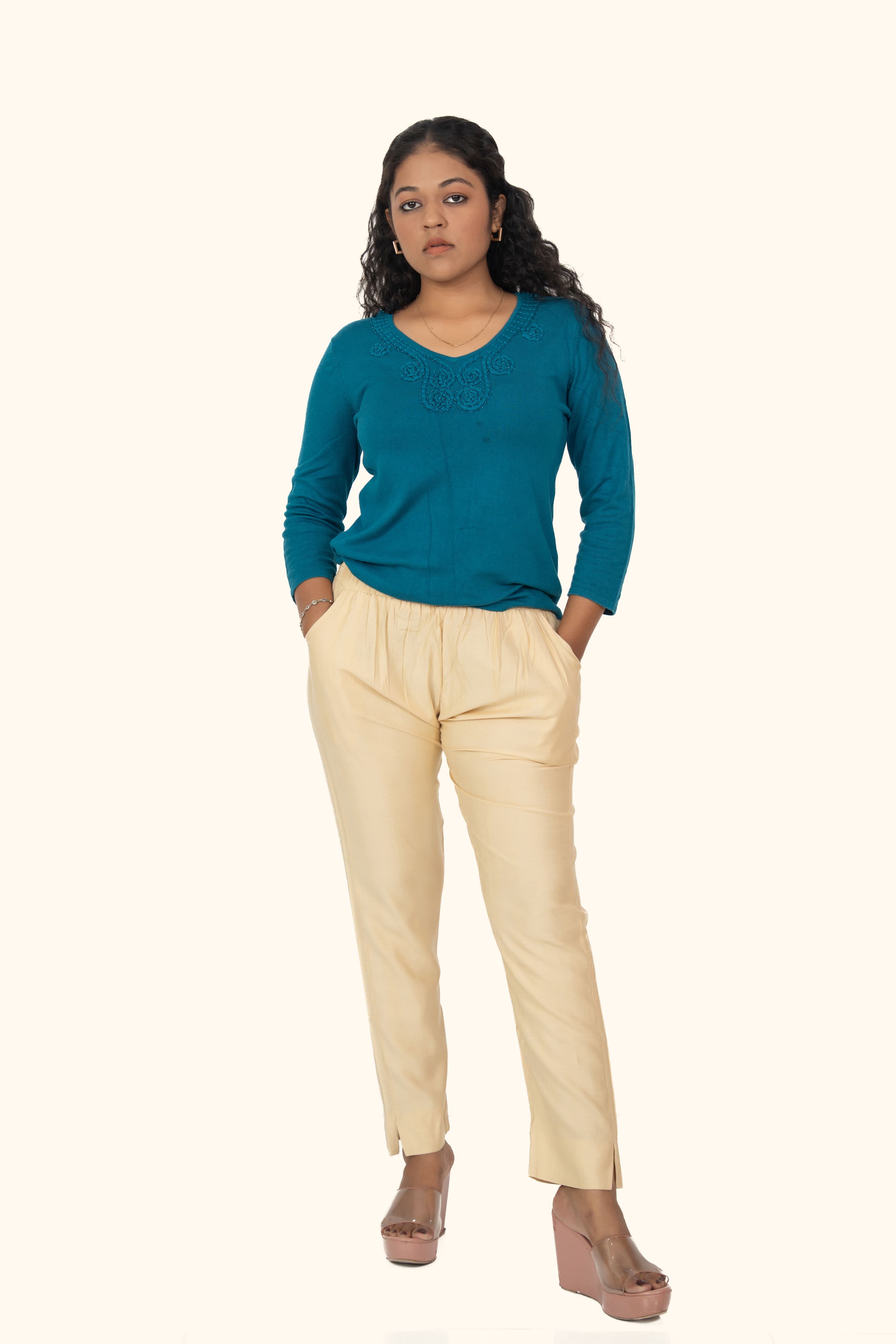 Beige Rayon Silk Pants