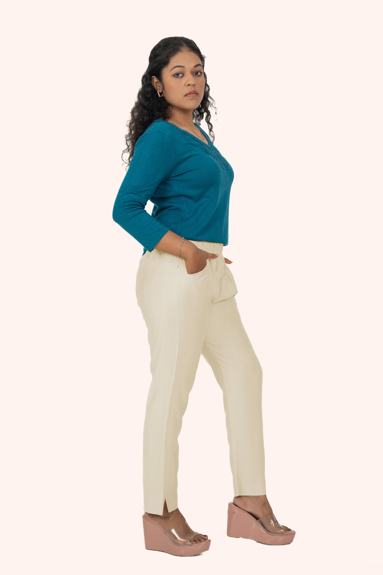 Cream Rayon Silk Pants