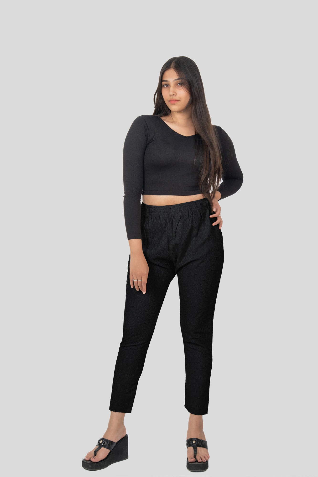 Black Rayon Chikan Pant