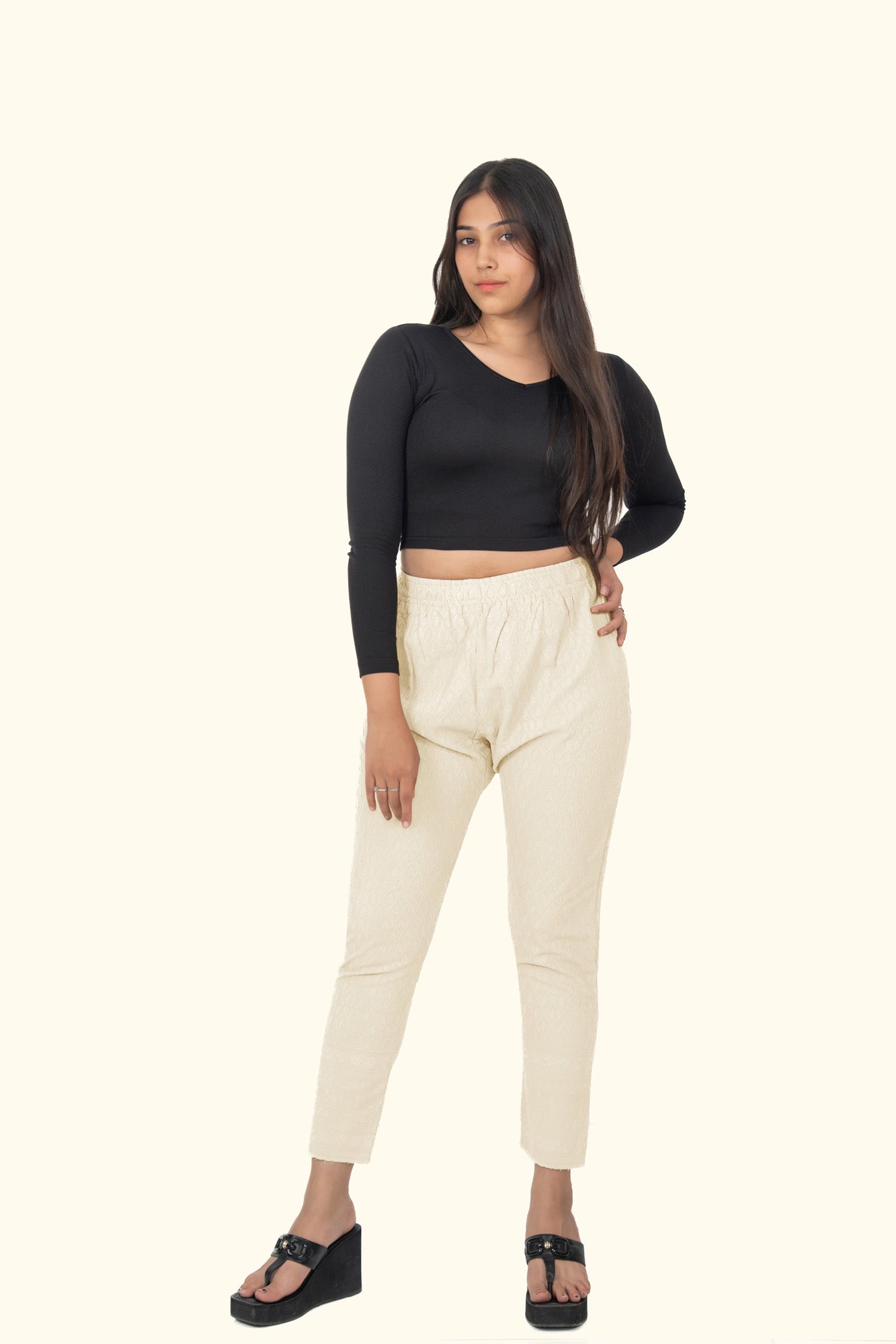 Cream Rayon Chikan Pant