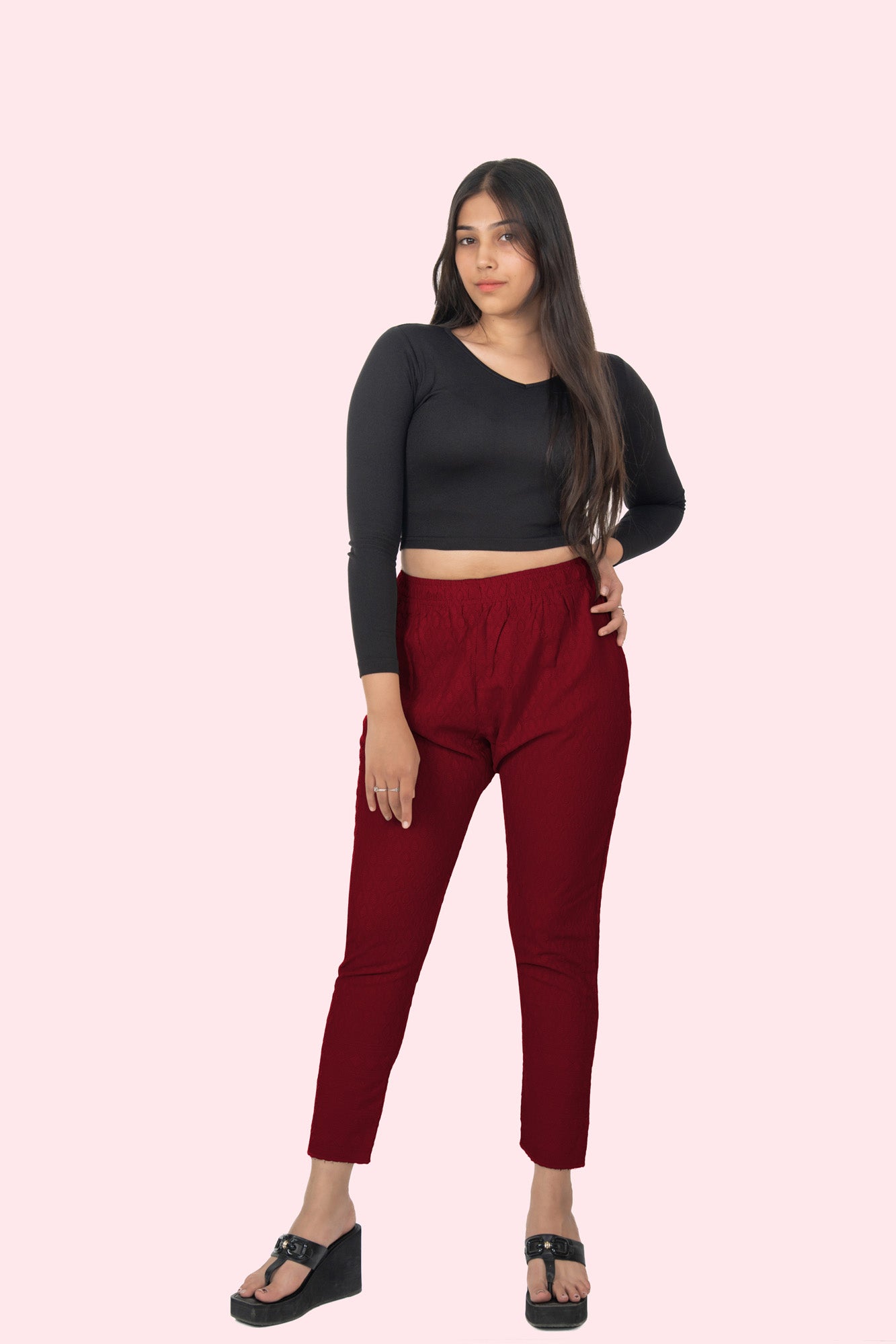 Red Rayon Chikan Pant